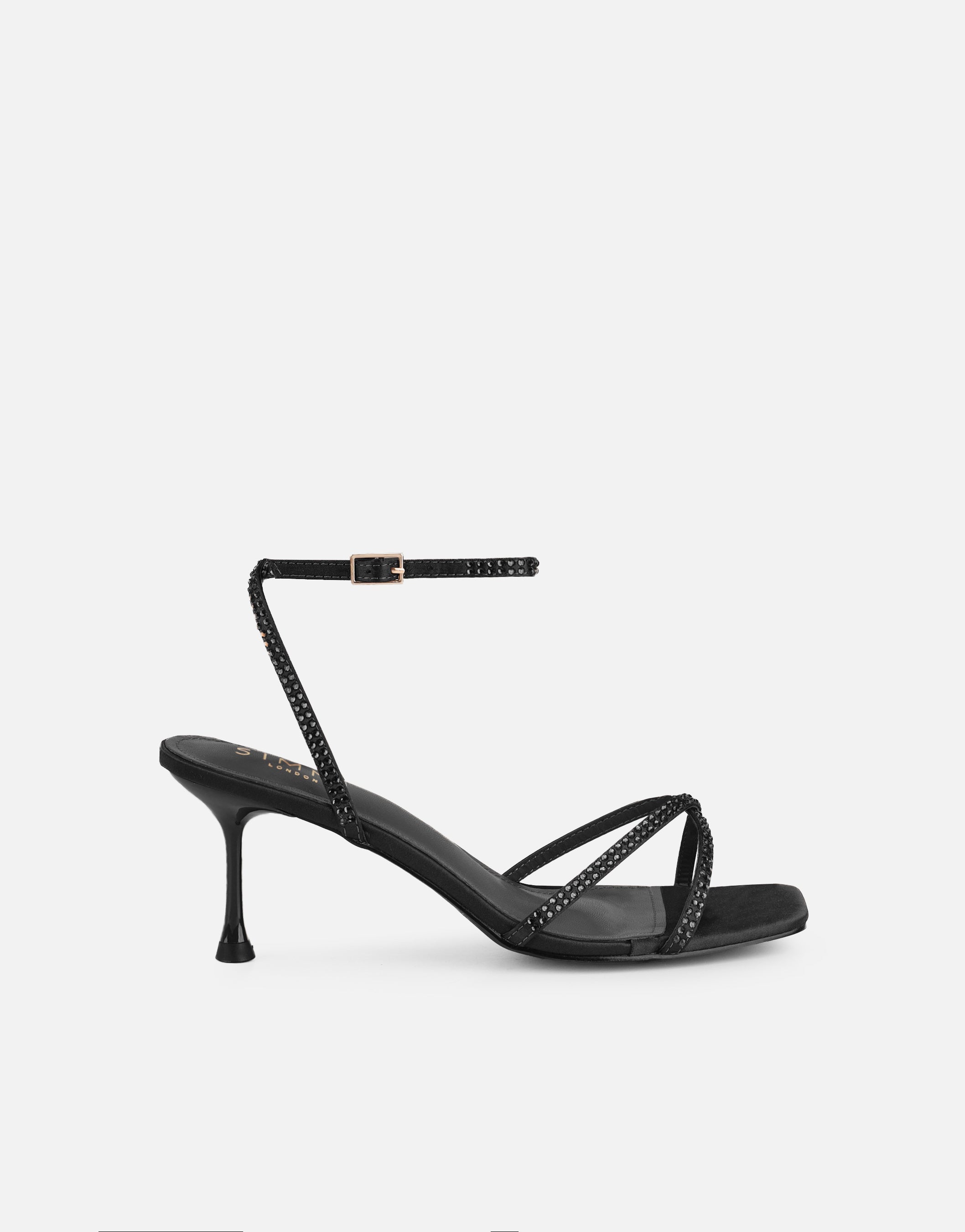 Eleonoora Black Satin Diamante Heeled Sandals | SIMMI London