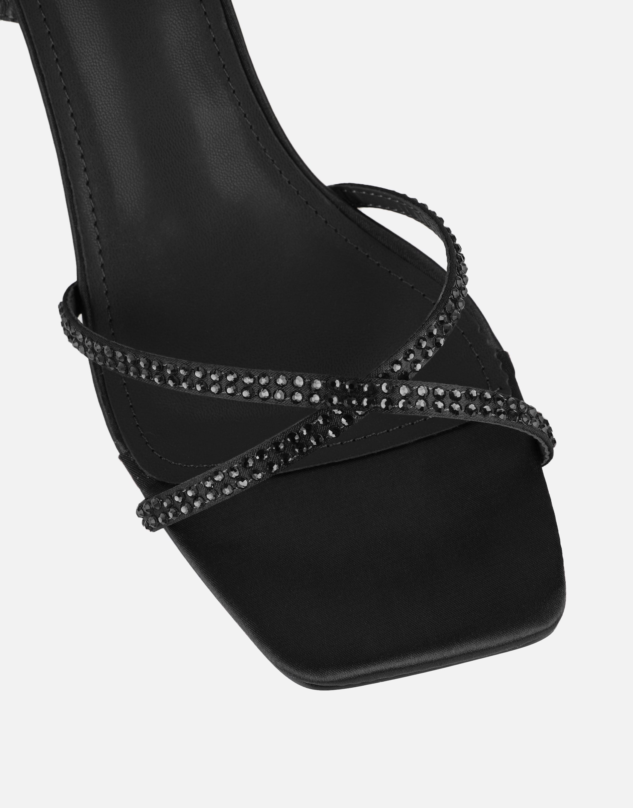Eleonoora Black Satin Diamante Heeled Sandals | SIMMI London