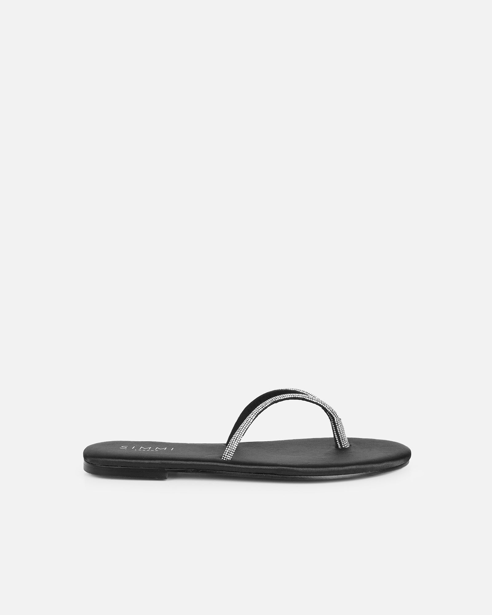 Ersil Black Satin Diamante Toe Thong Sandals | SIMMI London