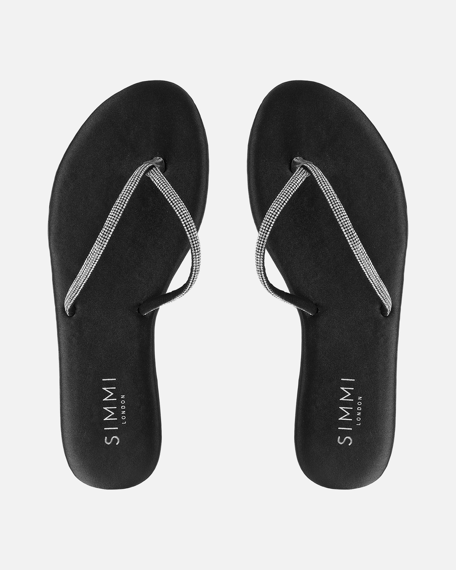Ersil Black Satin Diamante Toe Thong Sandals | SIMMI London
