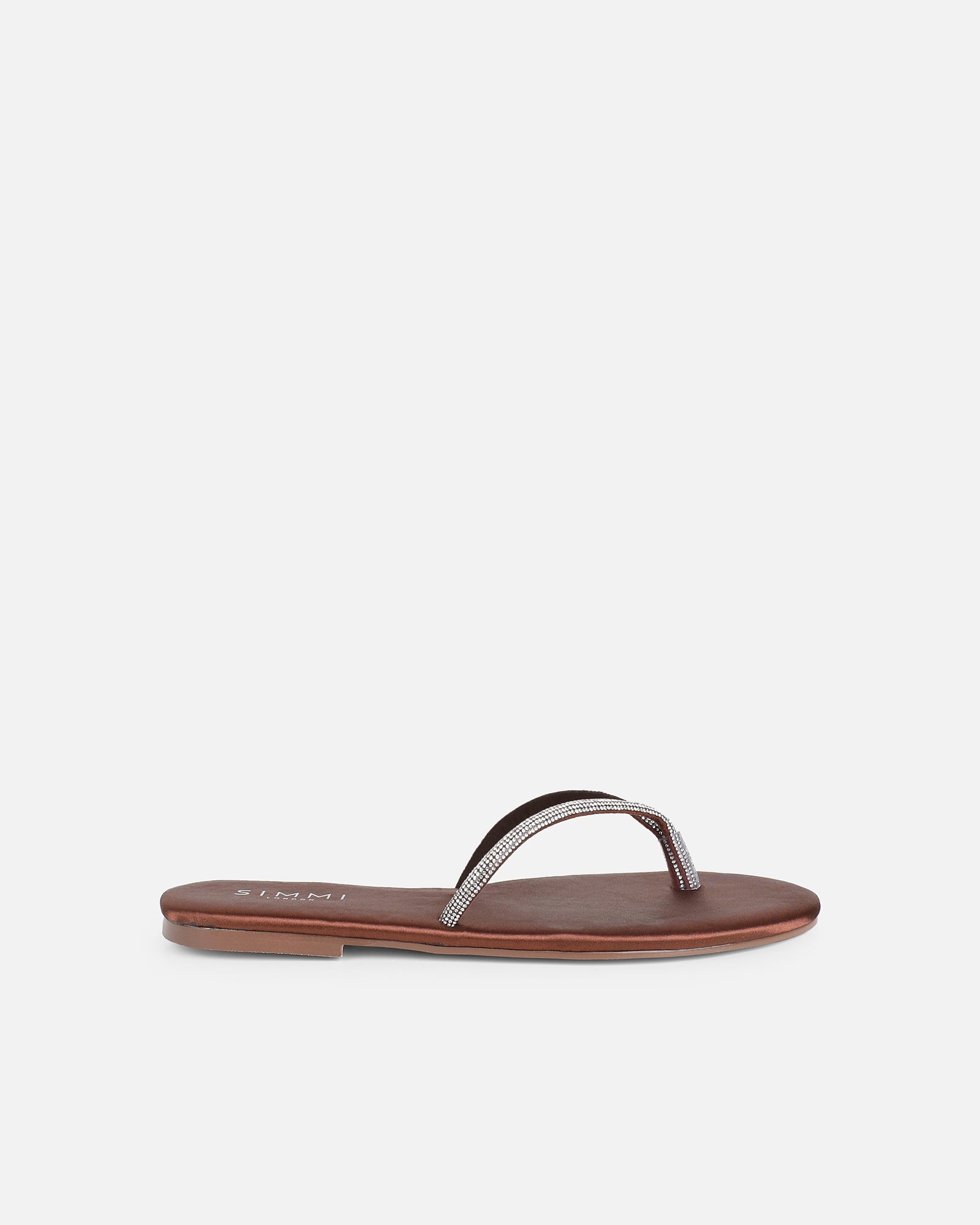 Ersil Chocolate Satin Diamante Toe Thong Sandals | SIMMI London