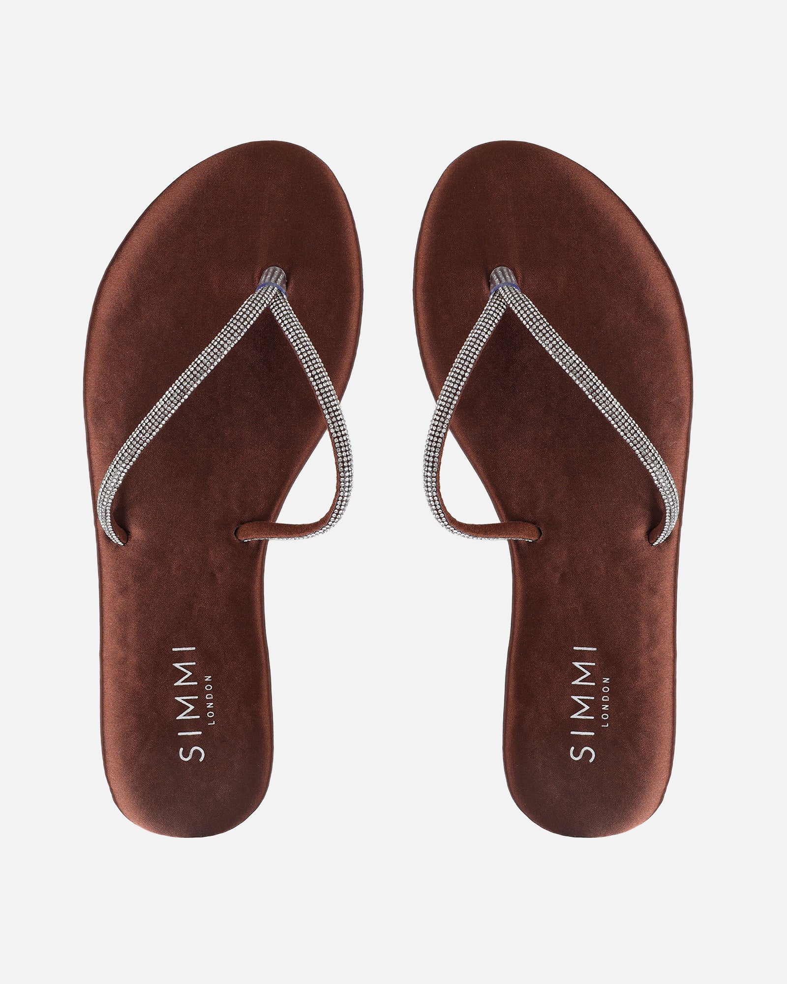 Ersil Chocolate Satin Diamante Toe Thong Sandals | SIMMI London