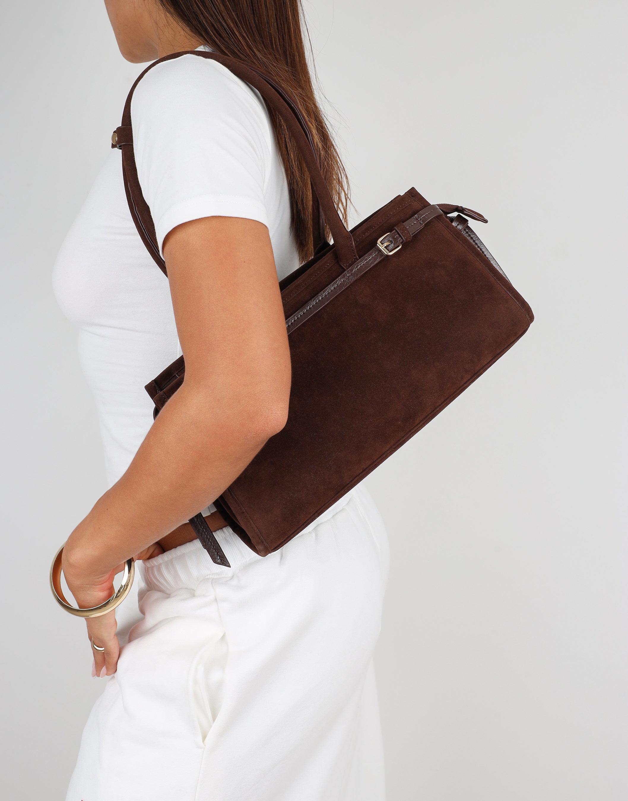 Eos Chocolate Suede Handbag | SIMMI London