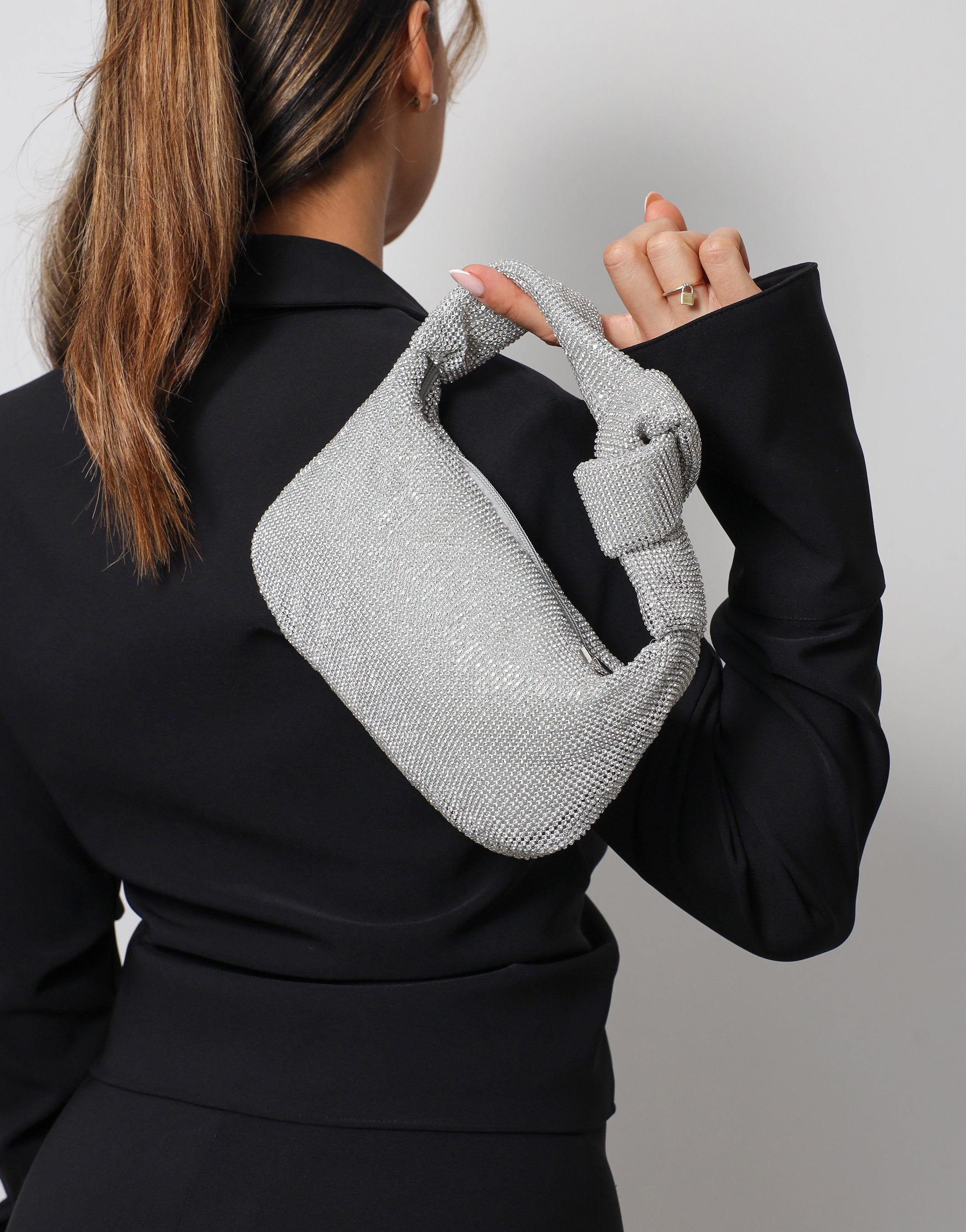 Erin Silver Diamante Knot Detail Handbag | SIMMI London