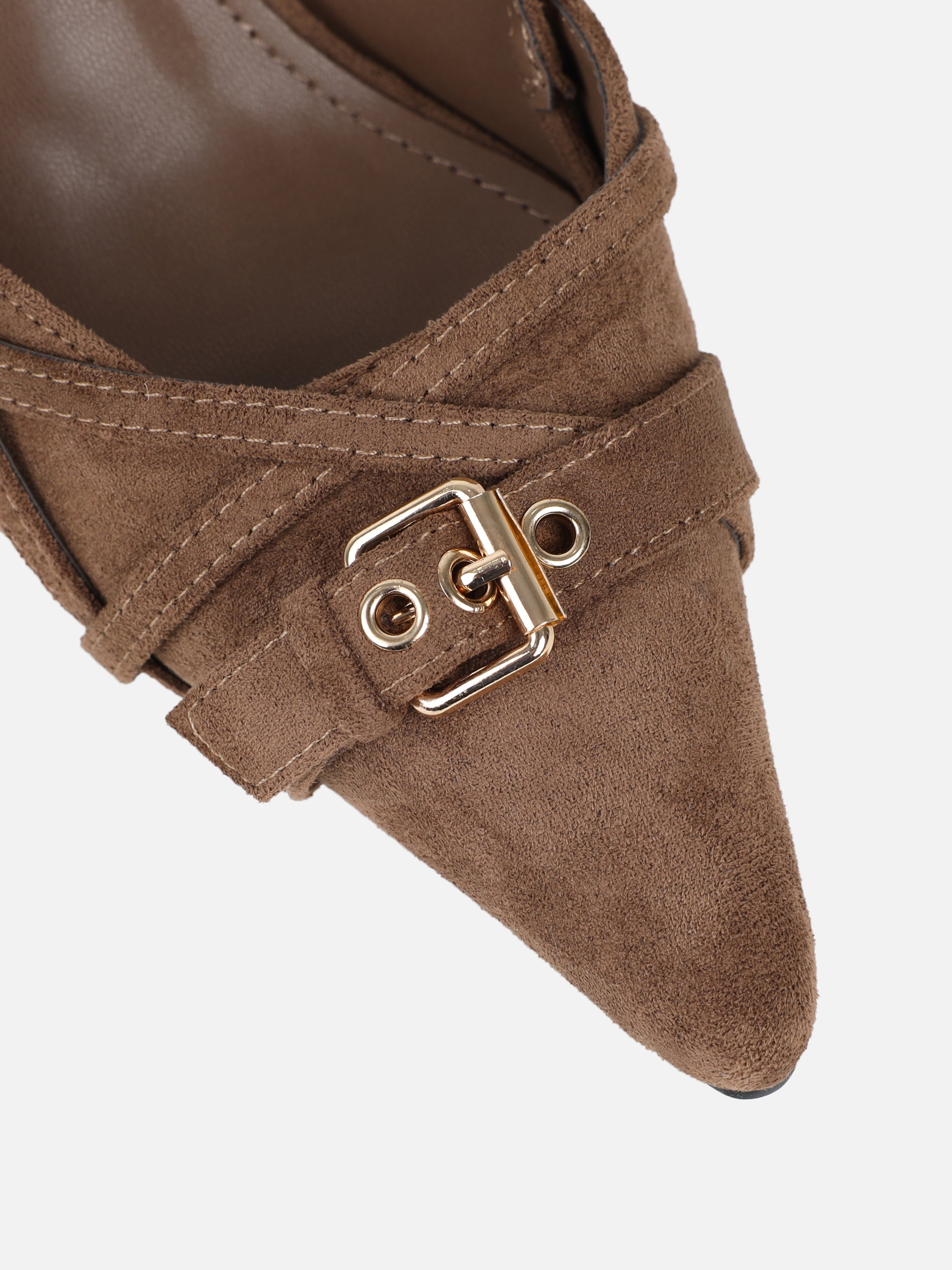 Stallone Dark Beige Suede Strappy Buckle Detail Slingback Court Shoes | SIMMI London