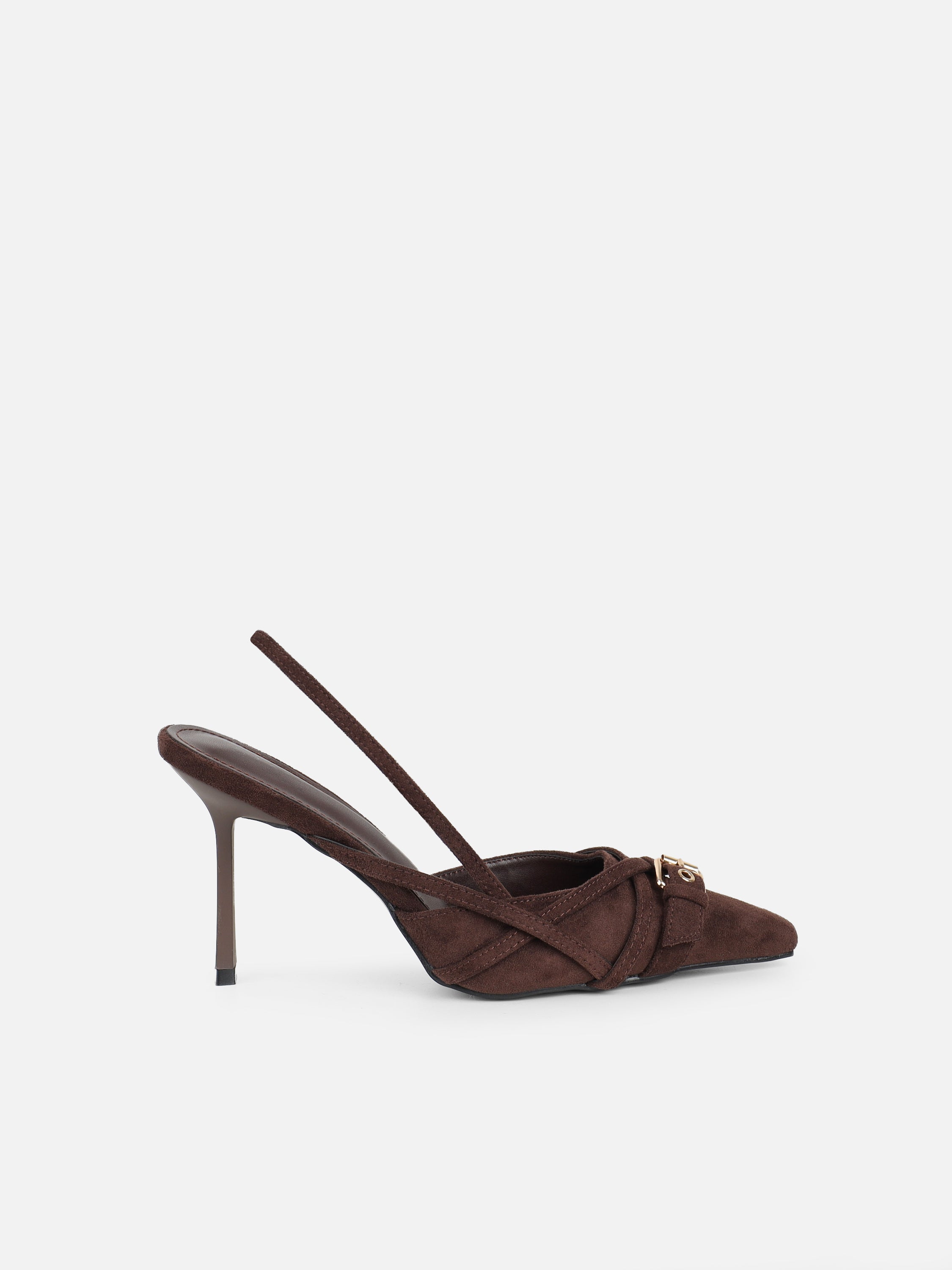 Stallone Brown Suede Strappy Buckle Detail Slingback Court Shoes | SIMMI London