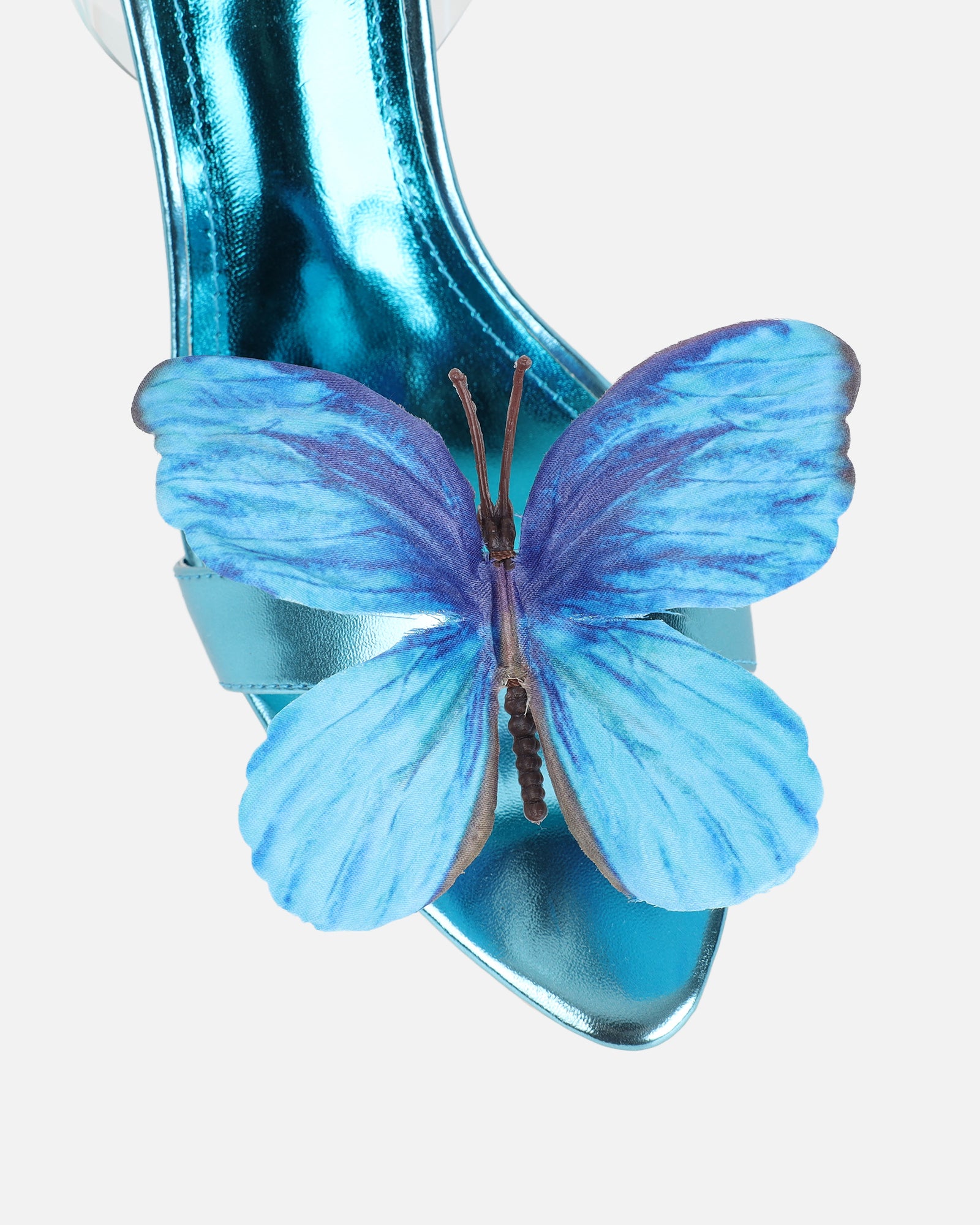 Fenelly Blue Metallic Butterfly Detail Heeled Sandals | SIMMI London