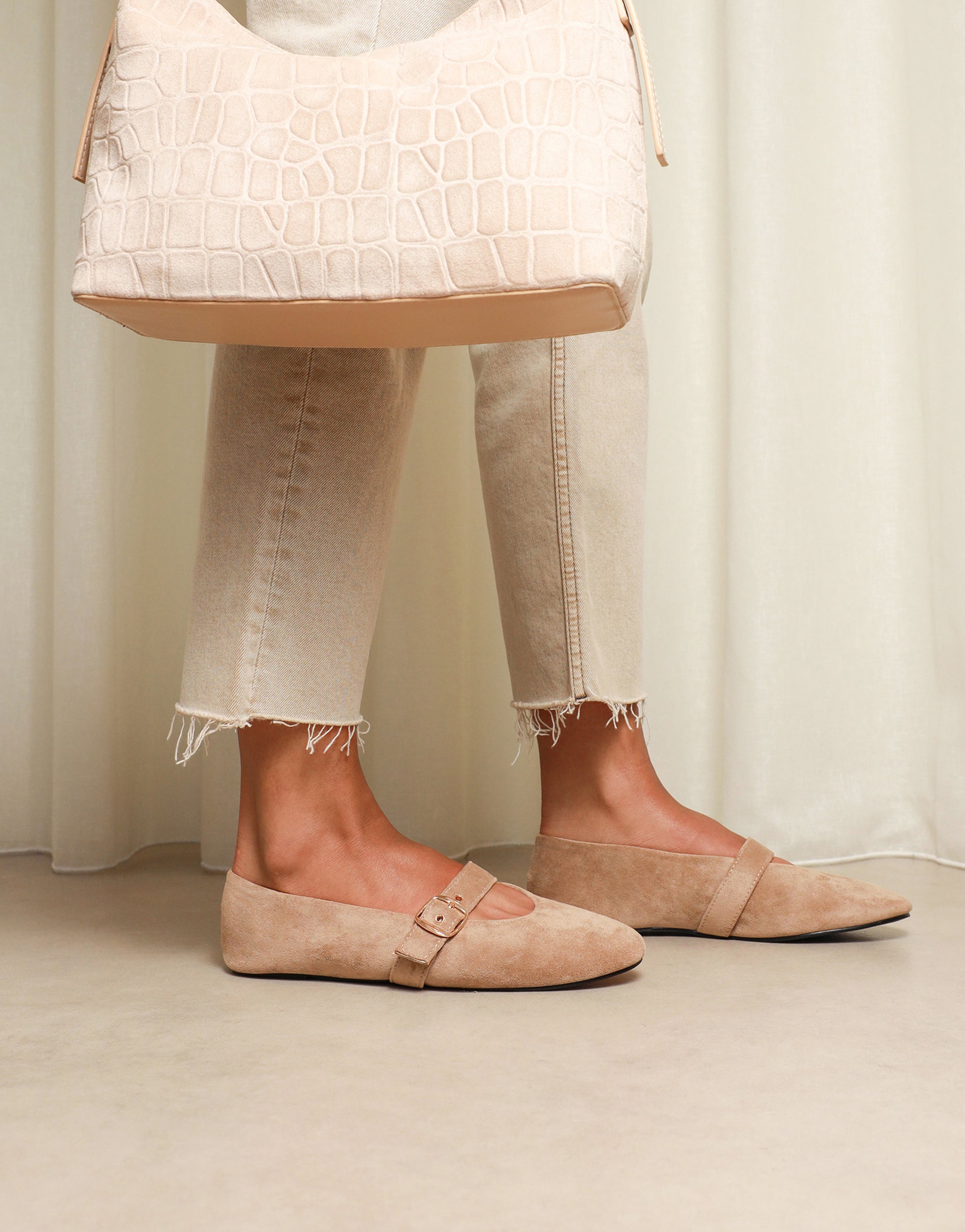 Fleur Beige Suede Buckle Ballets Flat | SIMMI London