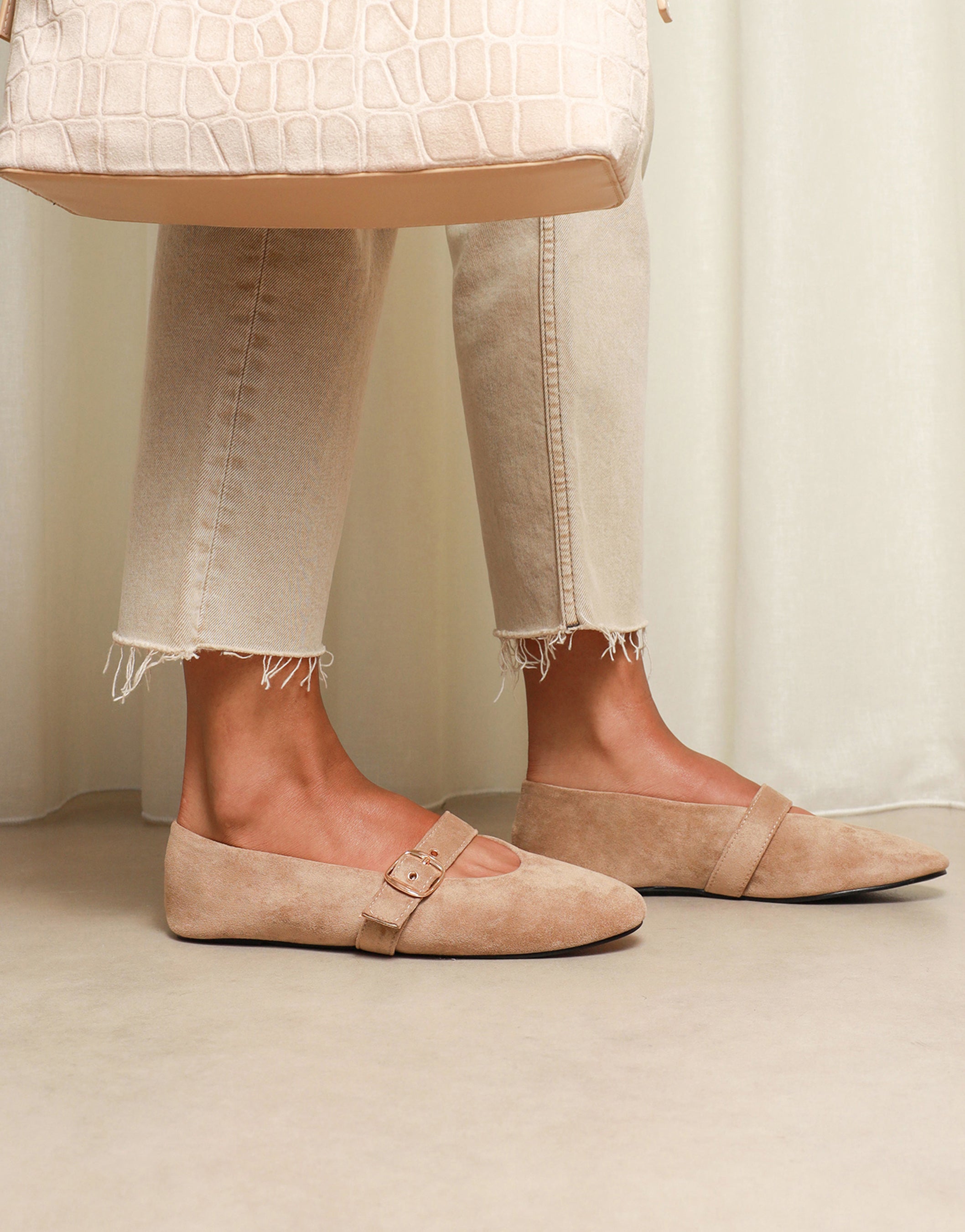 Fleur Beige Suede Buckle Ballets Flat | SIMMI London