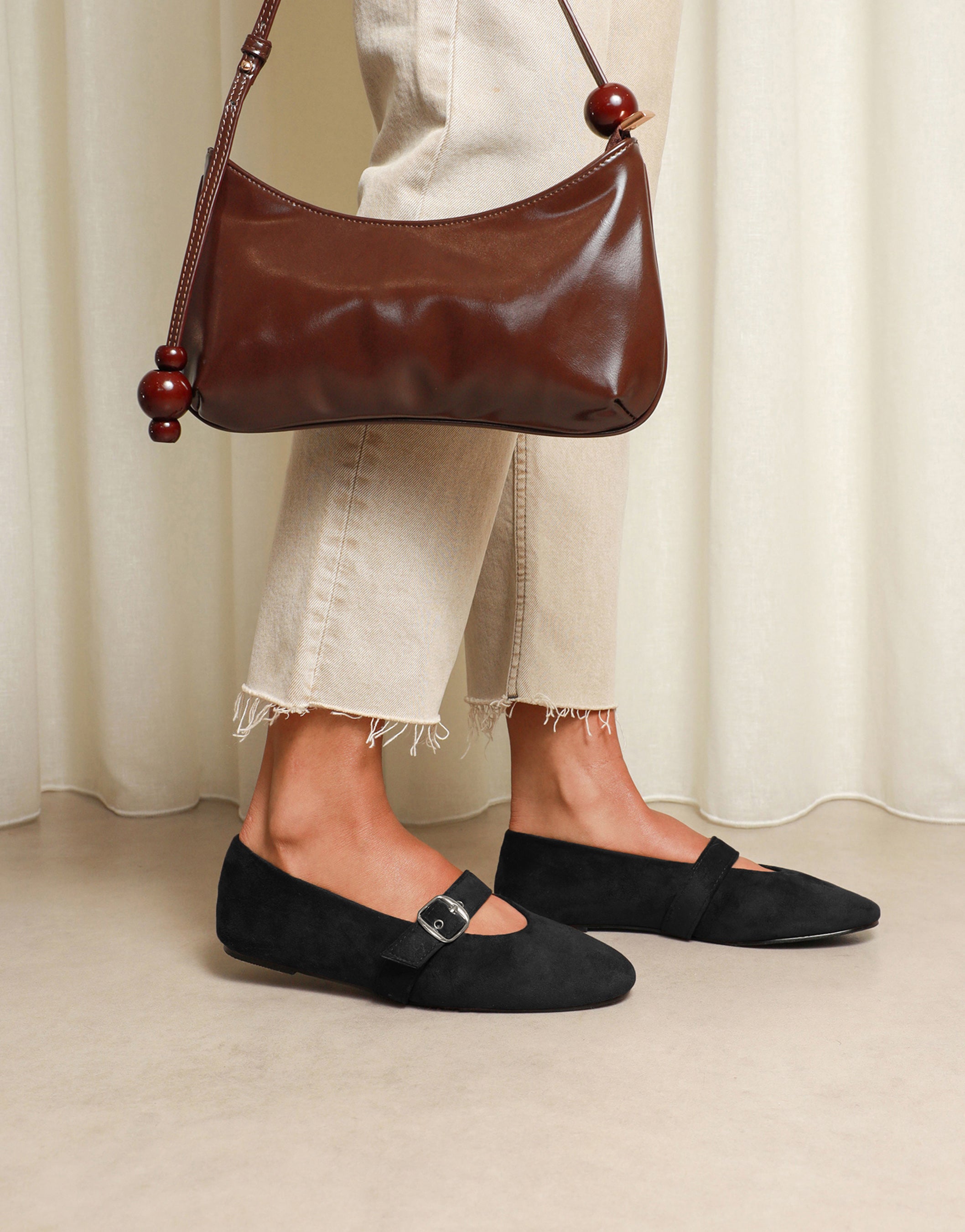 Fleur Black Suede Buckle Ballet Flats | SIMMI London