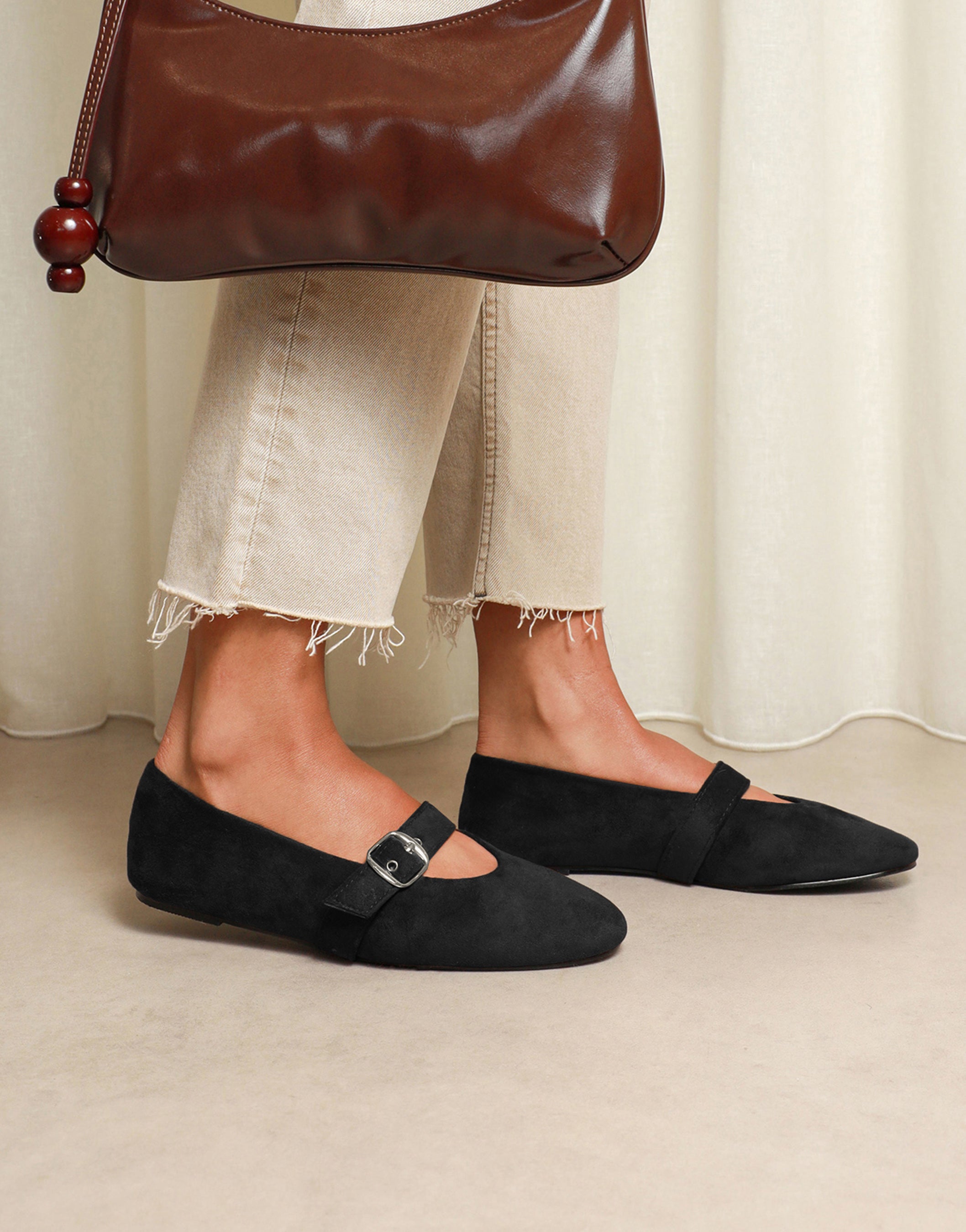 Fleur Black Suede Buckle Ballet Flats | SIMMI London
