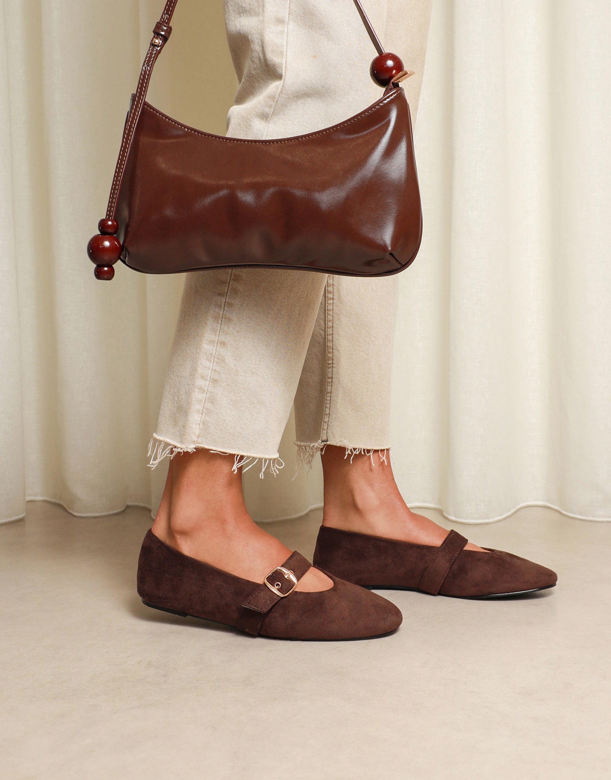 Fleur Brown Suede Buckle Ballets Flat | SIMMI London