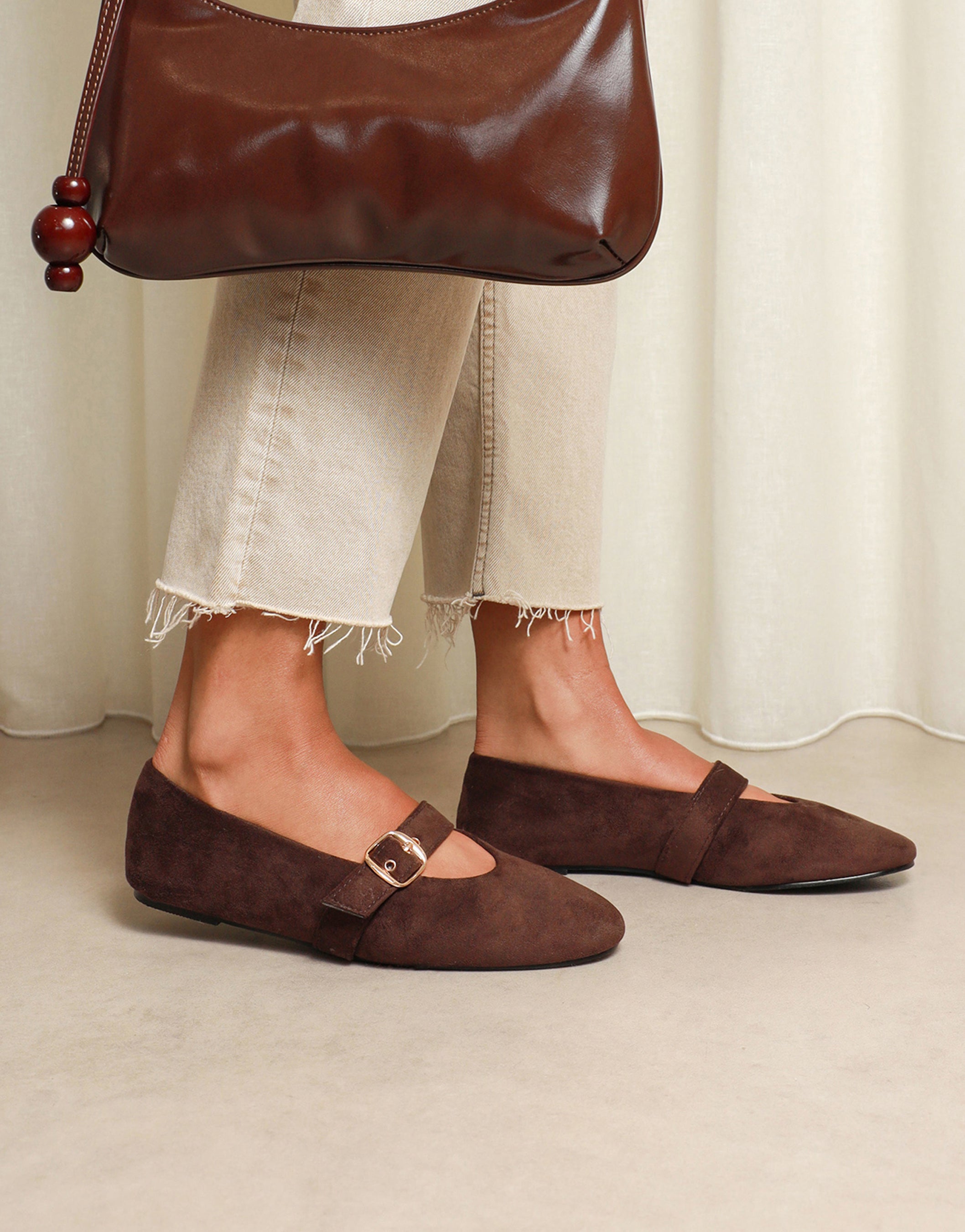 Fleur Brown Suede Buckle Ballets Flat | SIMMI London