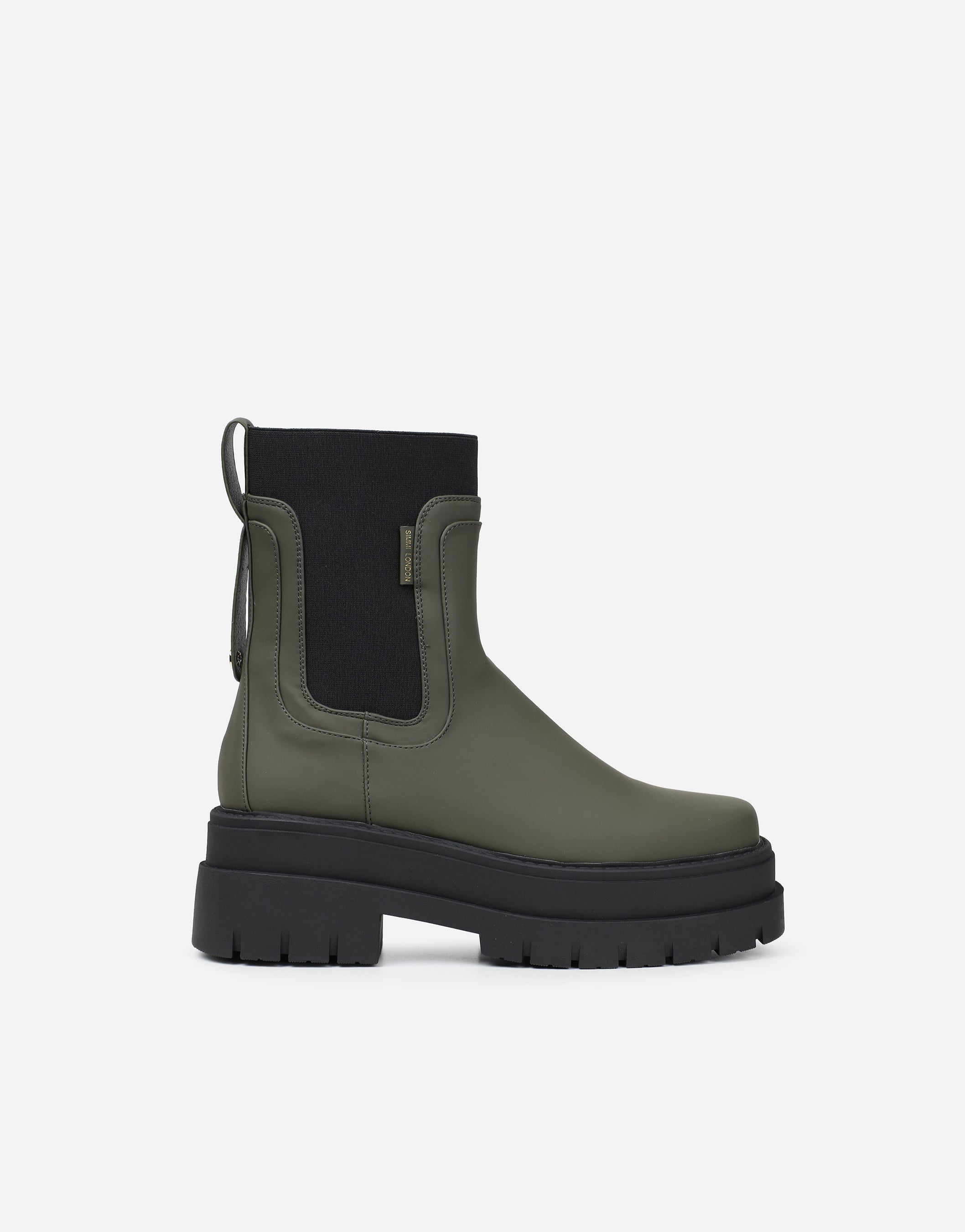 Ansel Khaki Rubberized Contrast Chunky Chelsea Boots | SIMMI London