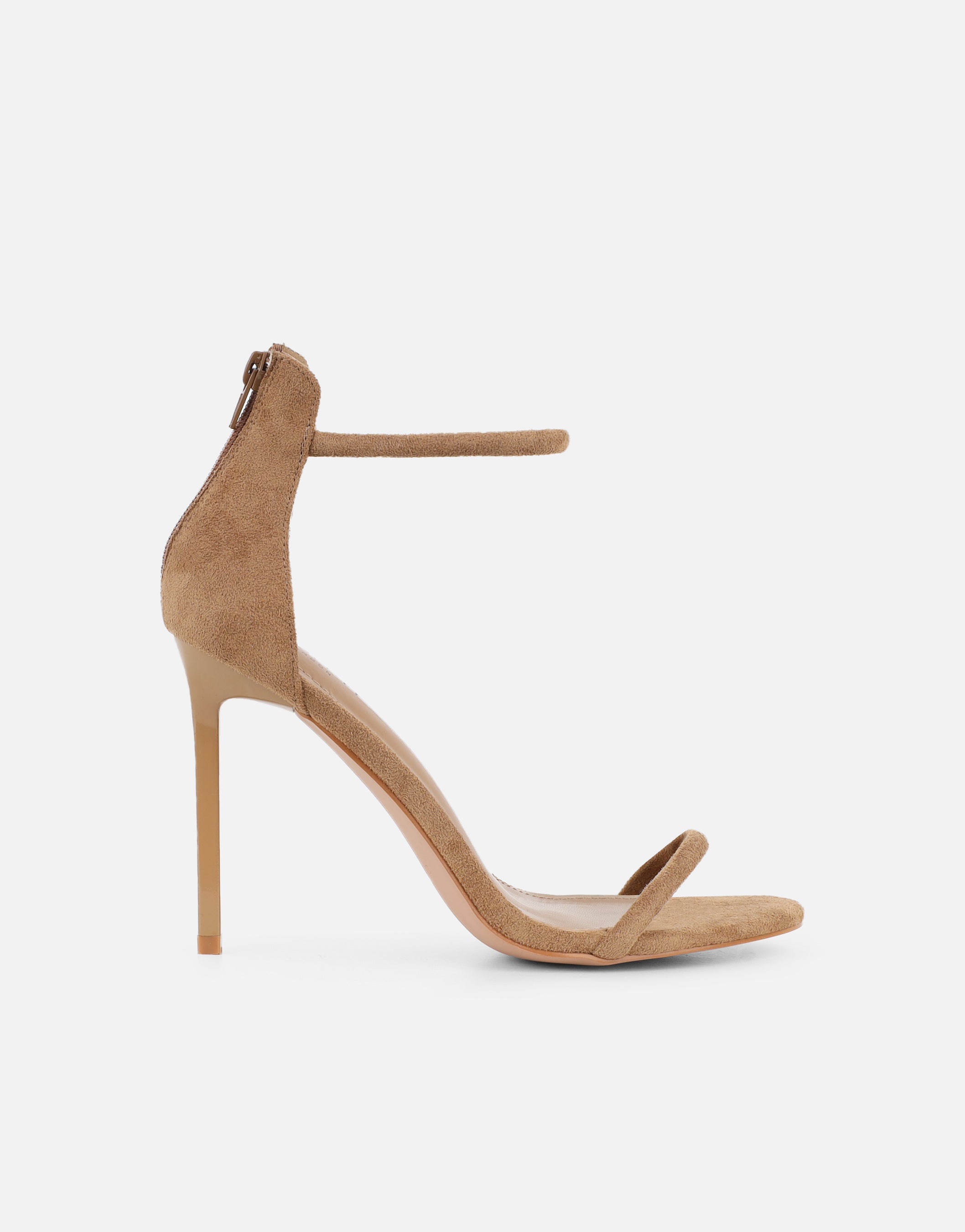 Amari Dark Beige Suede Barely There Heeled Sandals | SIMMI London