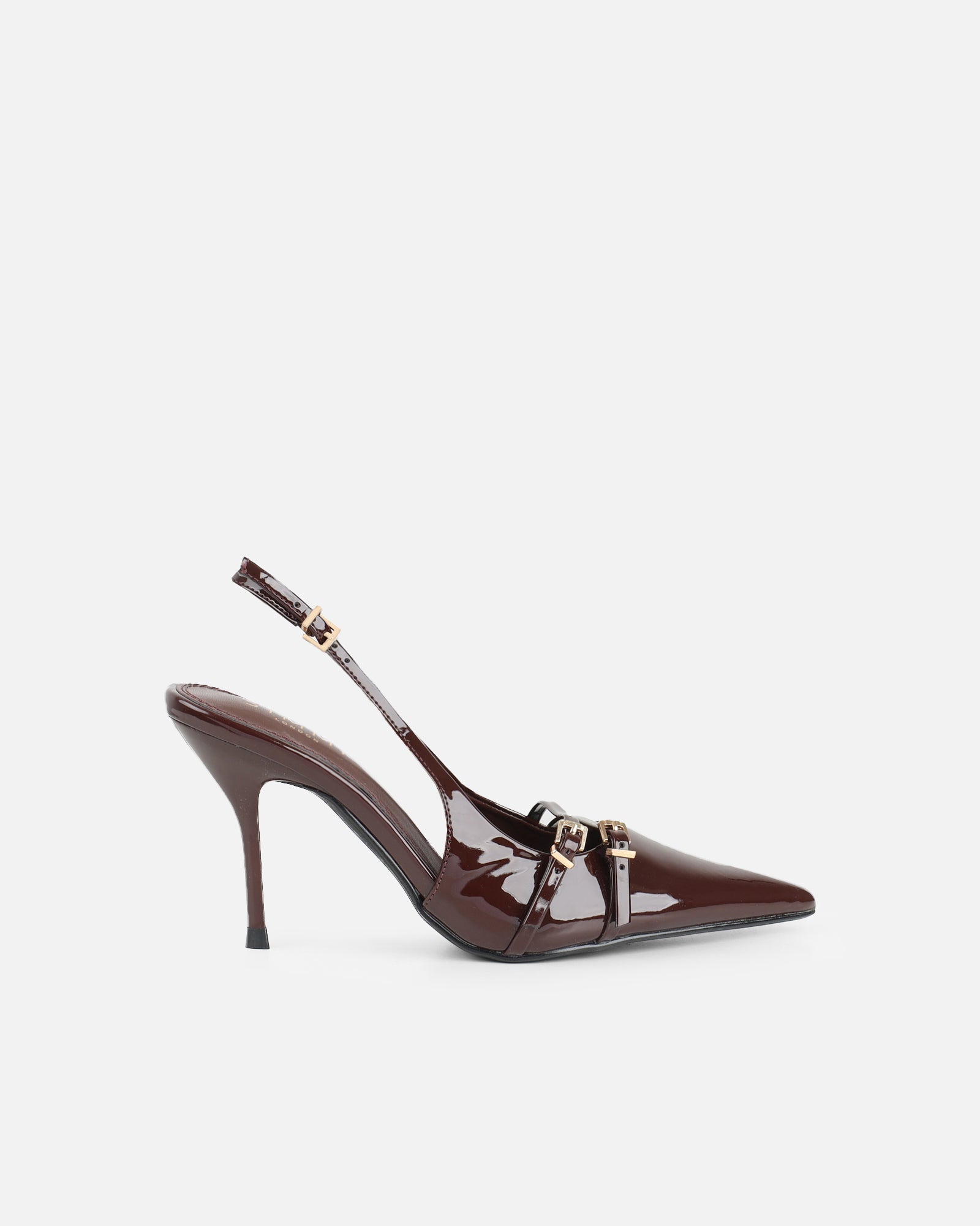 Marika Chocolate Patent Buckle Detail Slingback Courts | SIMMI London