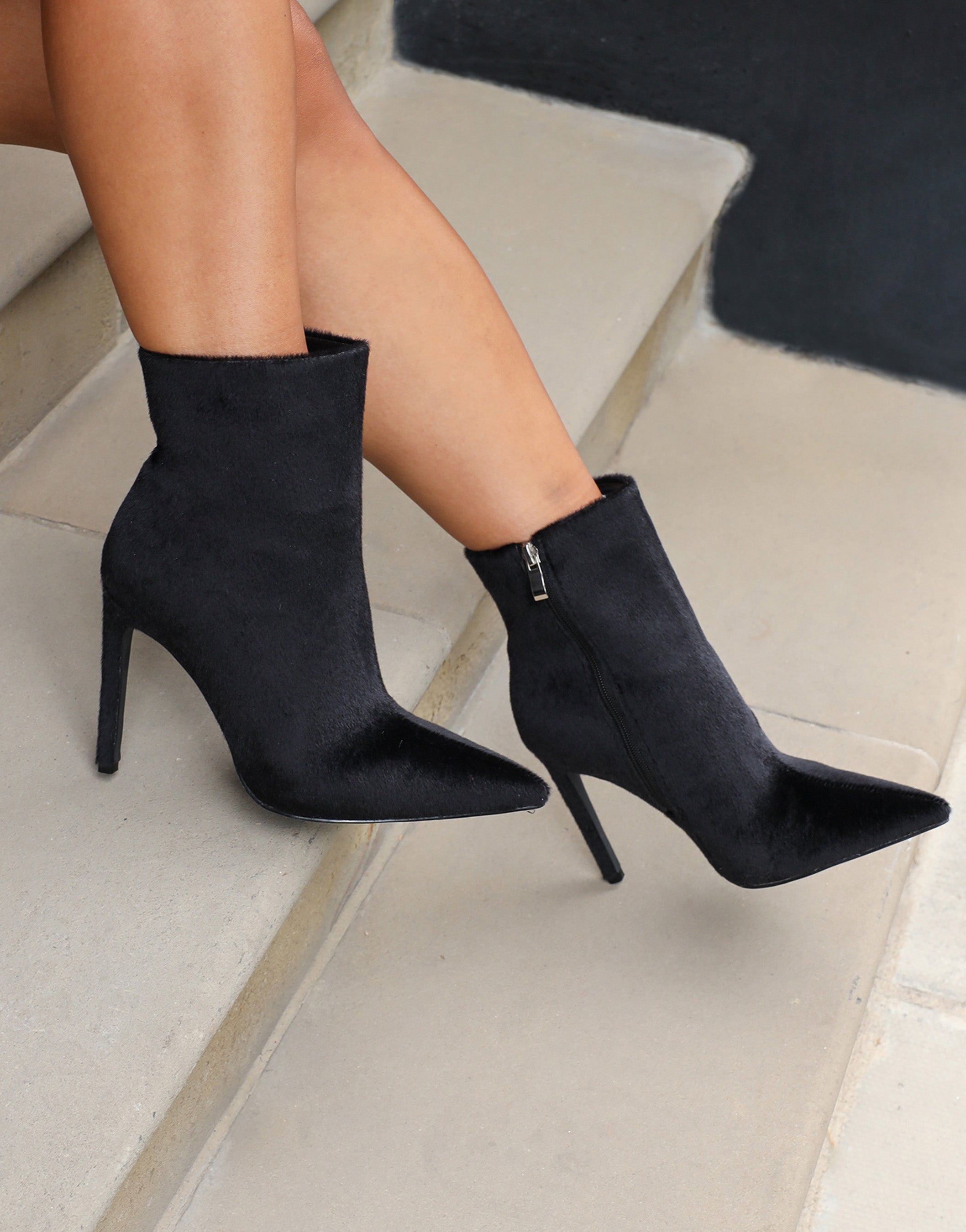 Harvie Black Faux Pony Hair Heeled Ankle Boots | SIMMI London