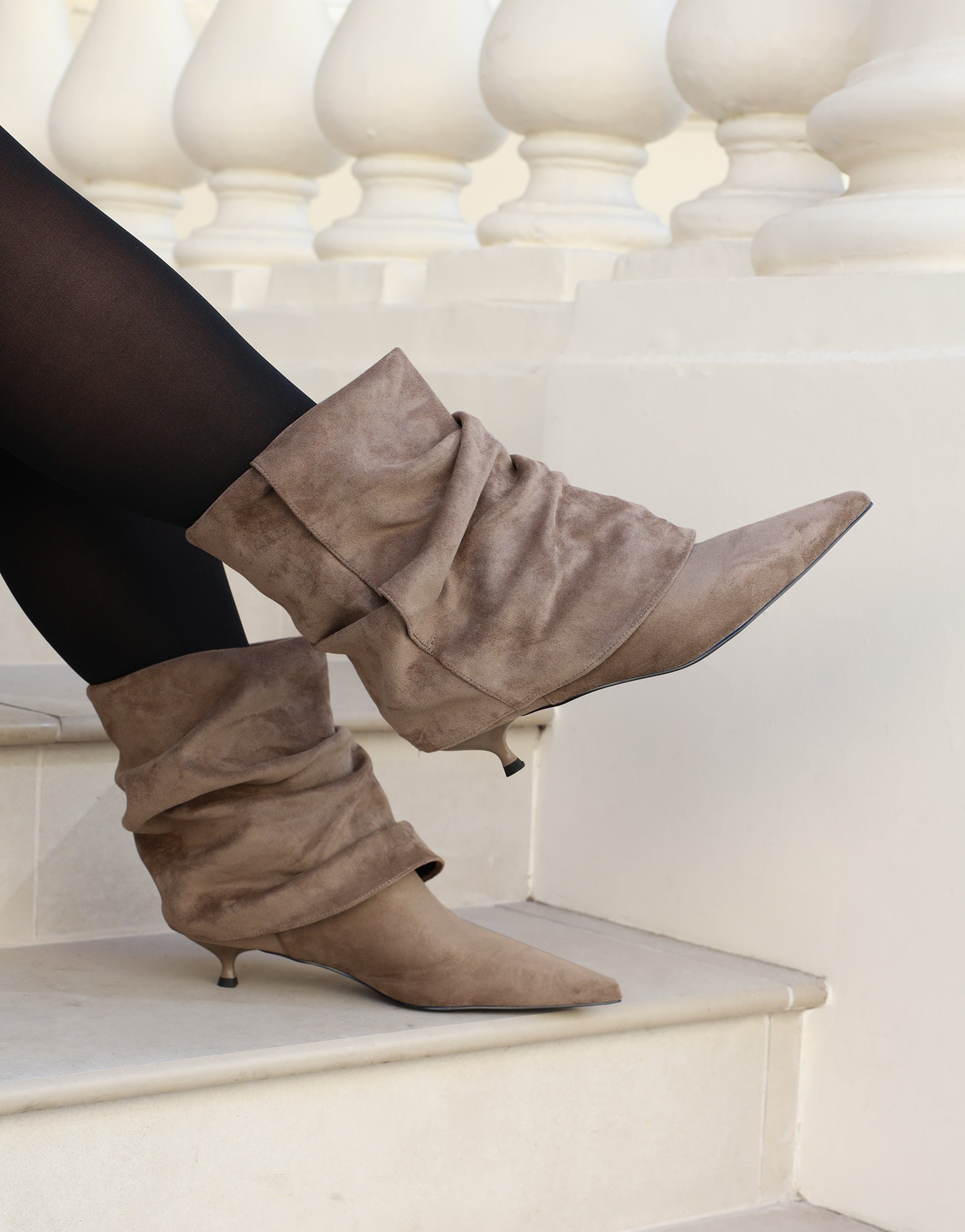 Dixee Taupe Suede Foldover Ruched Pixie Boots | SIMMI London