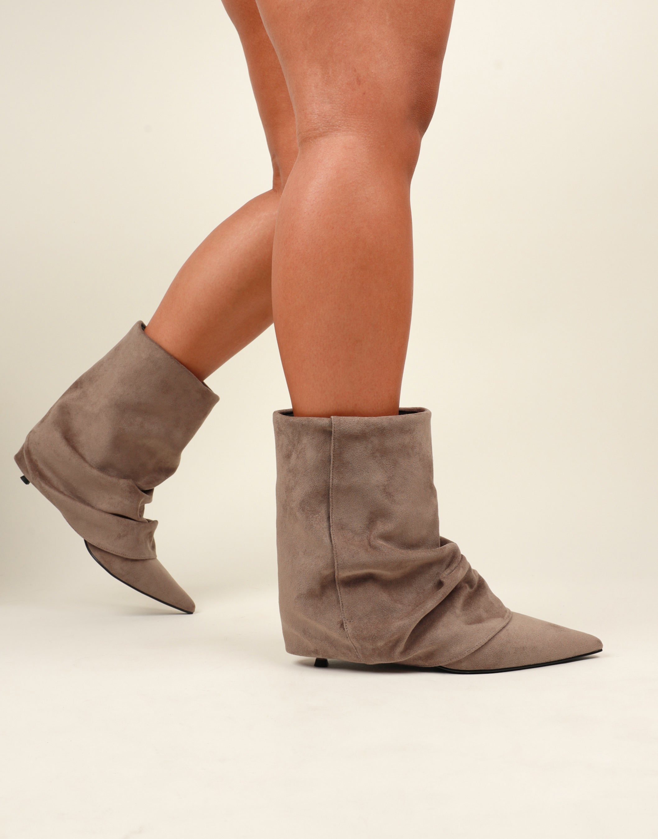Dixee Taupe Suede Foldover Ruched Pixie Boots | SIMMI London