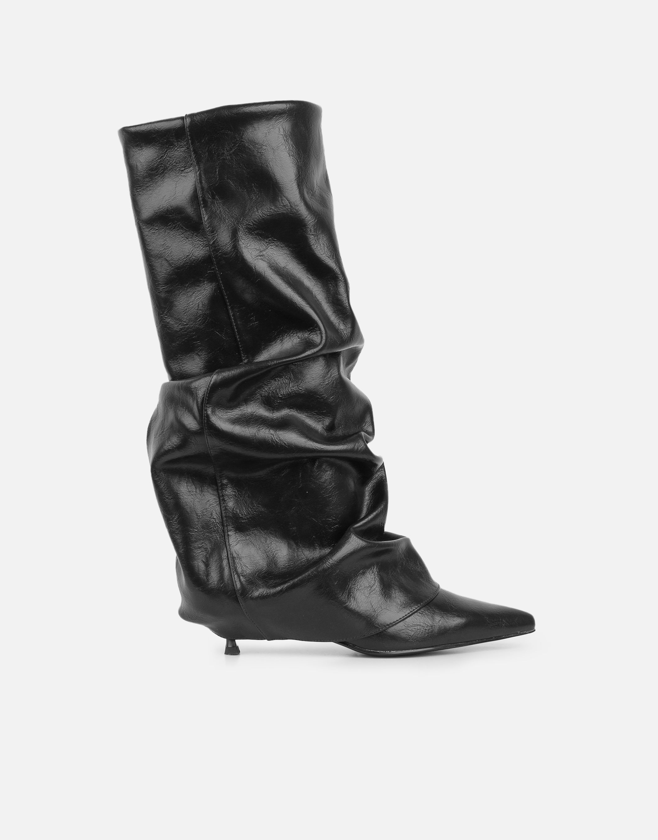 Hazel Black PU Ruched Pointed Heeled Boots | SIMMI London