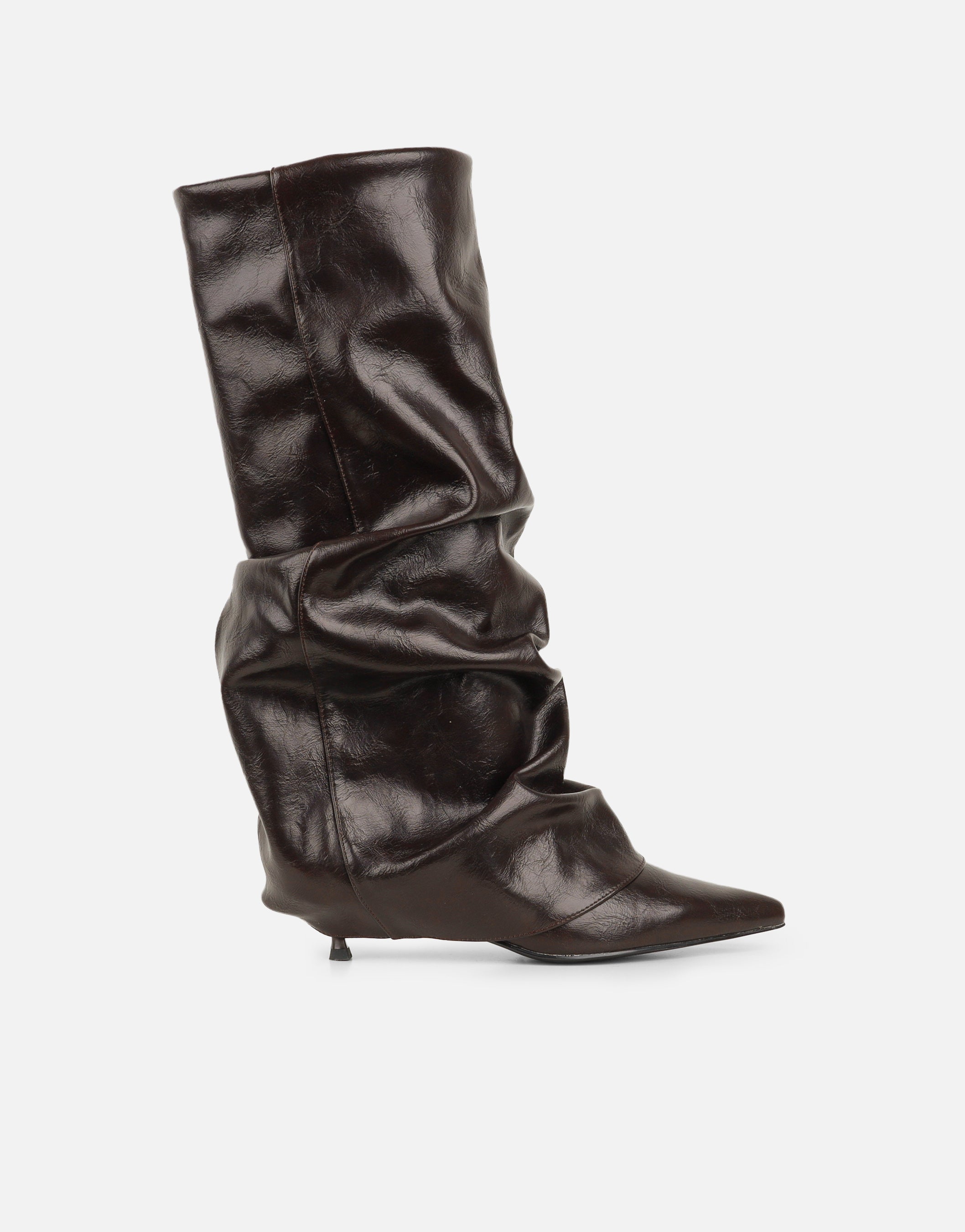 Hazel Brown PU Ruched Pointed Heeled Boots | SIMMI London