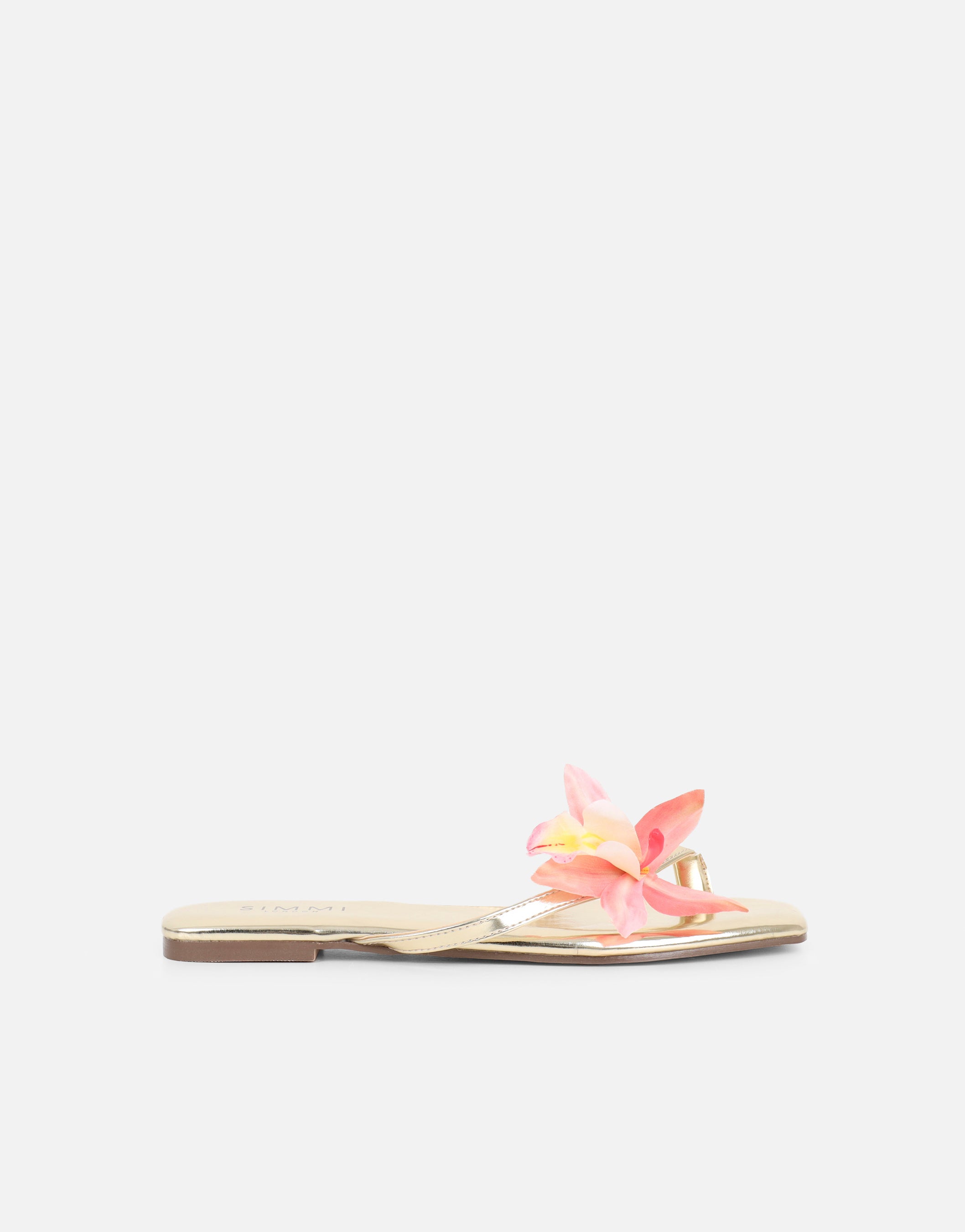 Hannah Gold Metallic Flower Detail Flat Sandals | SIMMI London