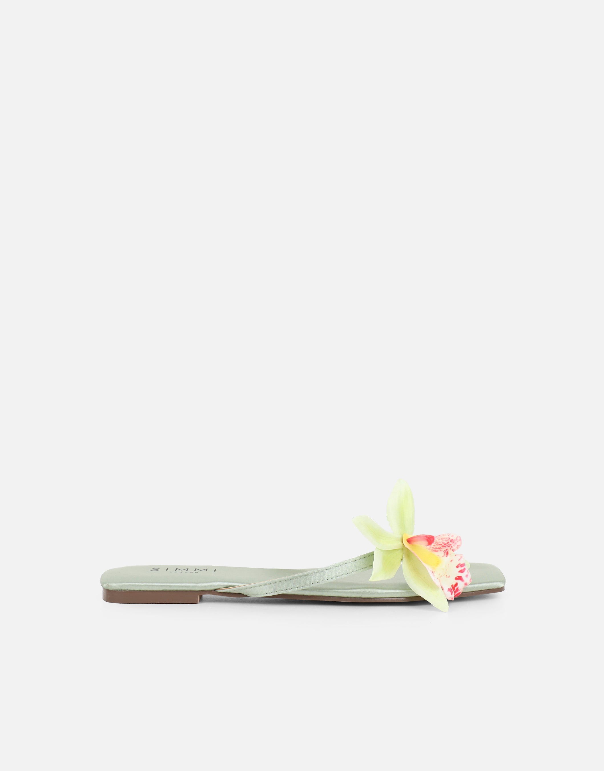 Hannah Green Satin Flower Detail Flat Sandals | SIMMI London