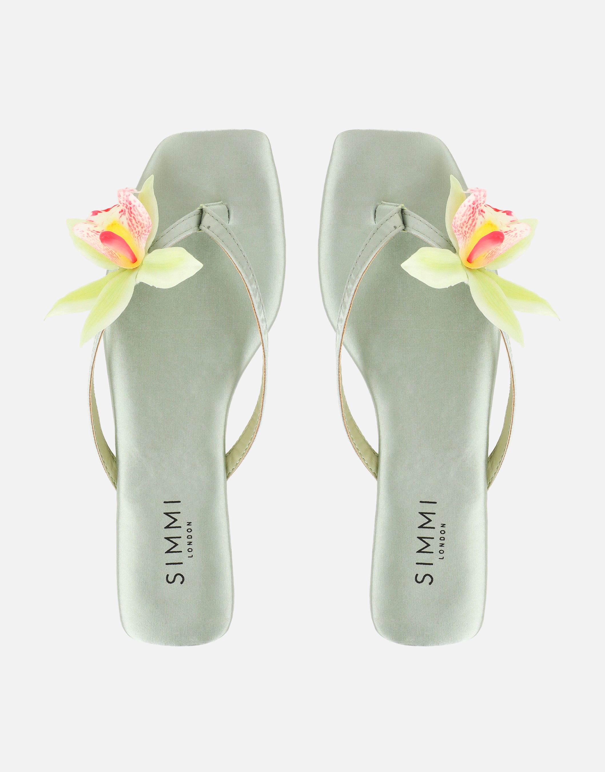 Hannah Green Satin Flower Detail Flat Sandals | SIMMI London