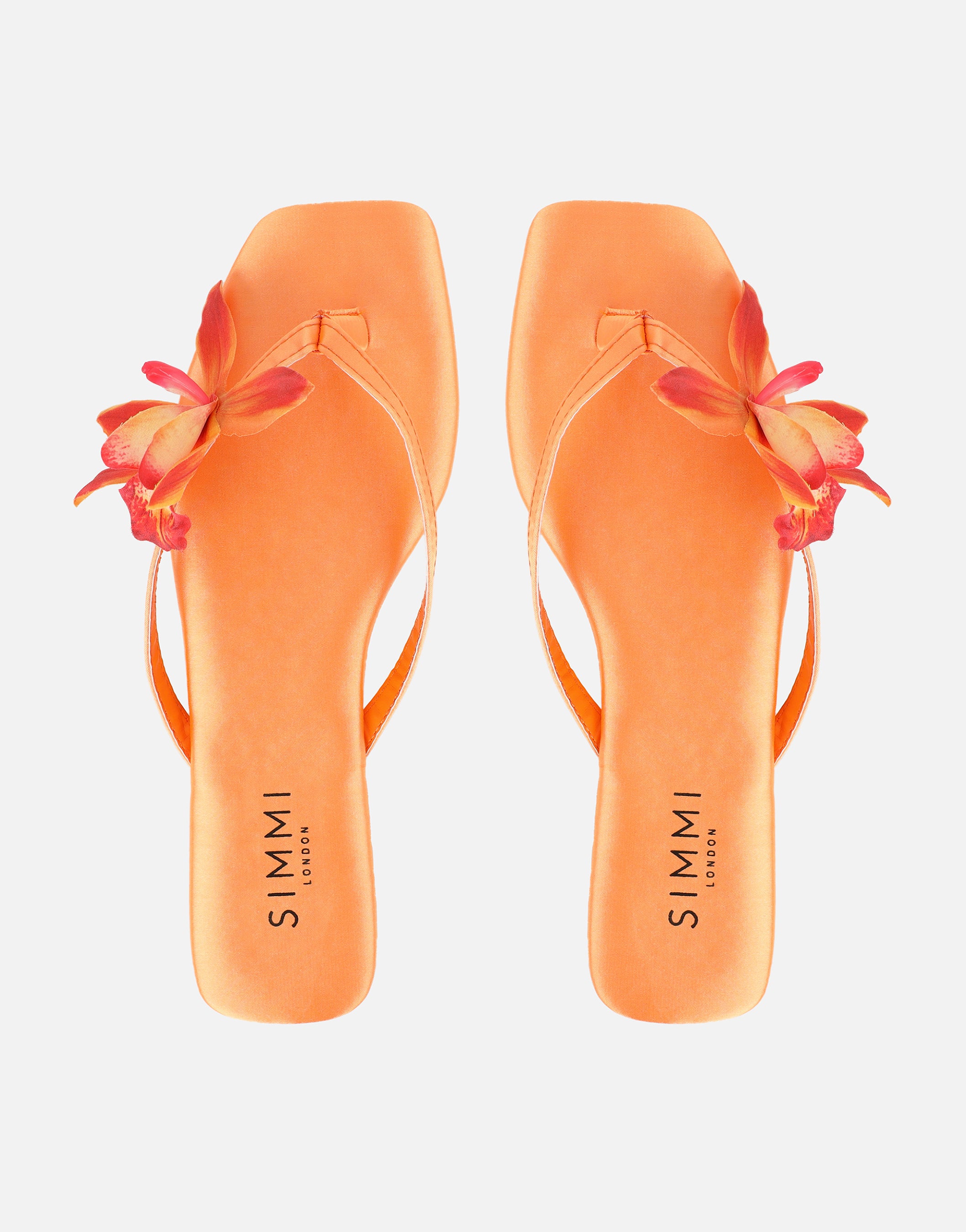 Hannah Orange Satin Flower Detail Flat Sandals