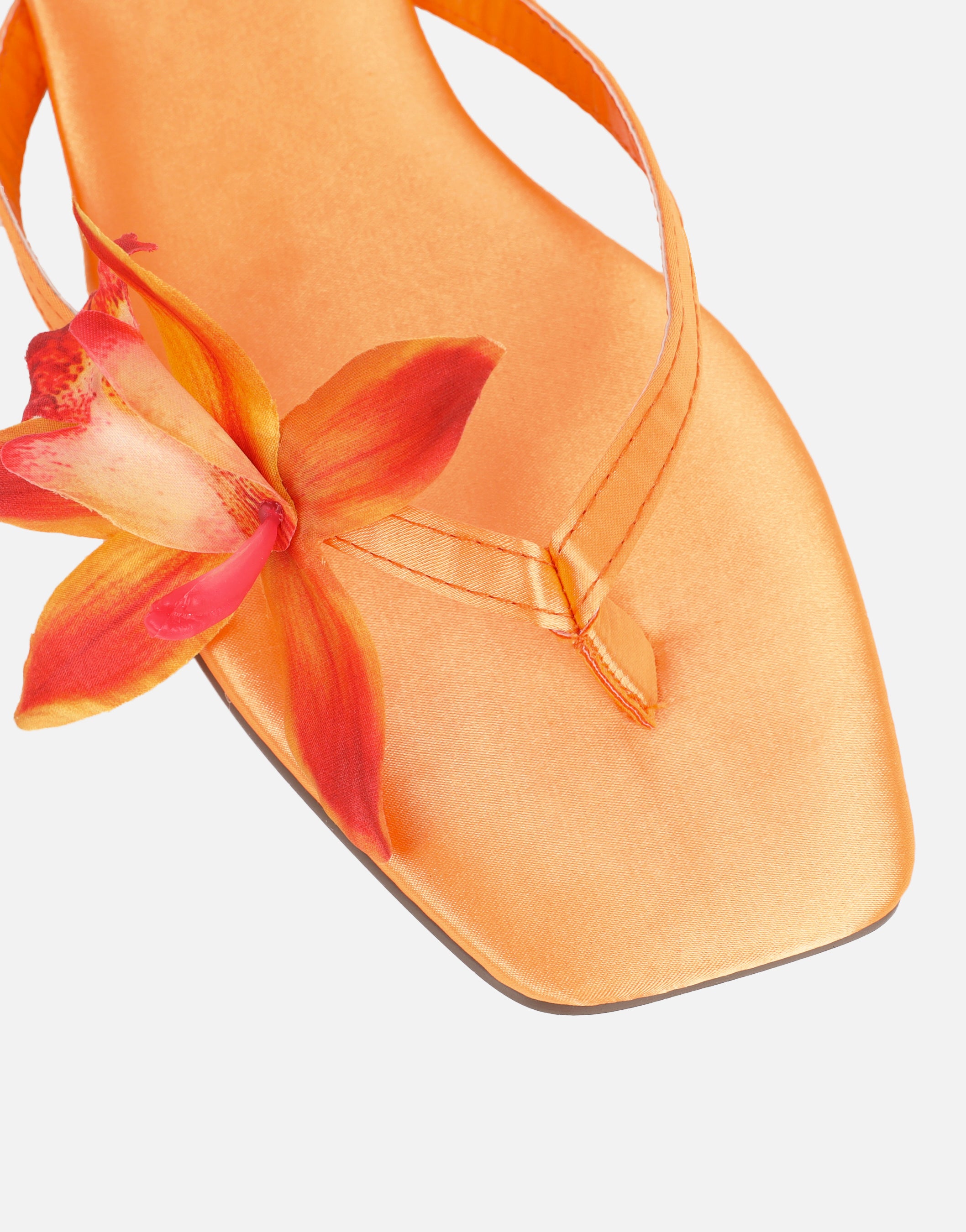 Hannah Orange Satin Flower Detail Flat Sandals