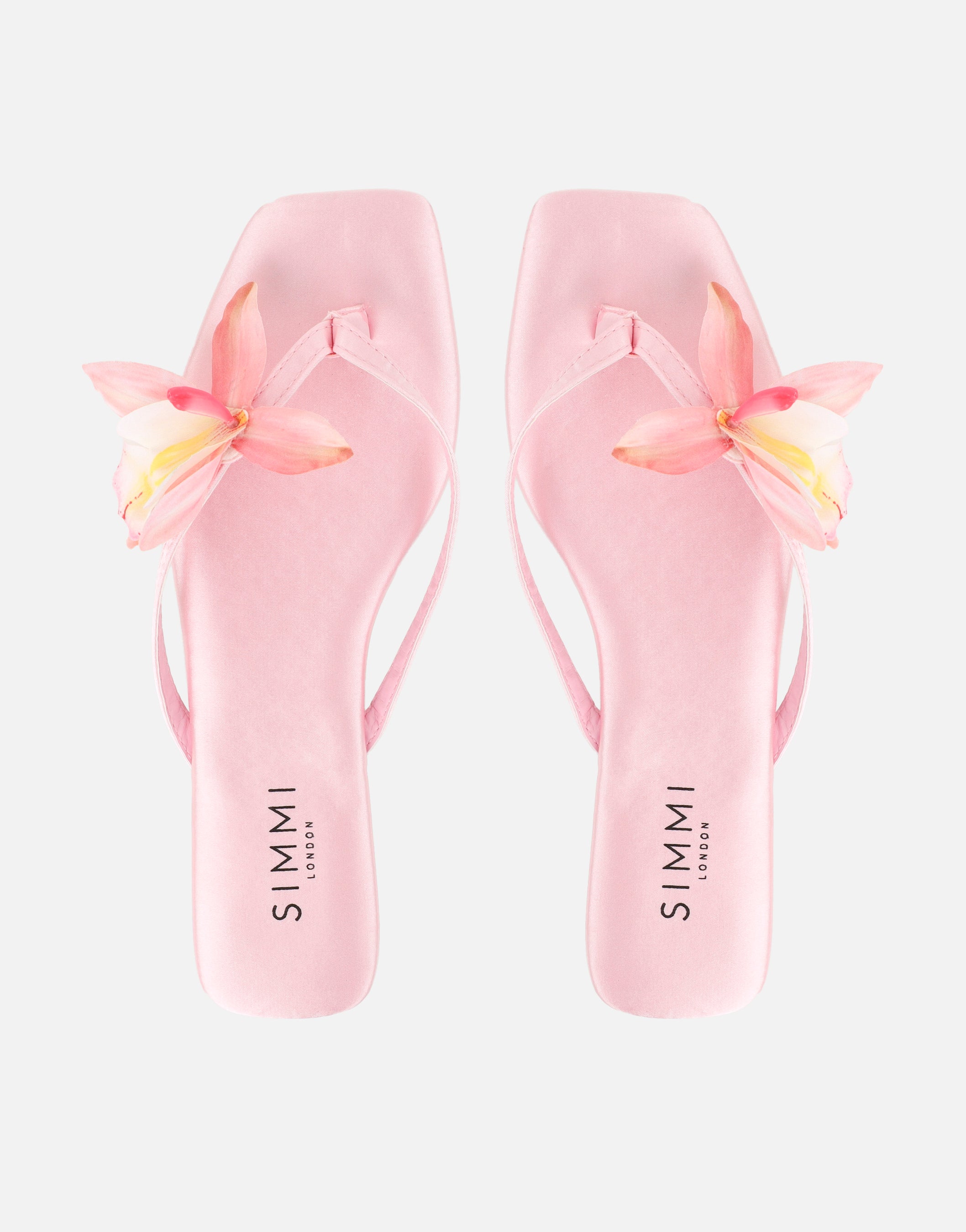 Hannah Pink Satin Flower Detail Flat Sandals | SIMMI London