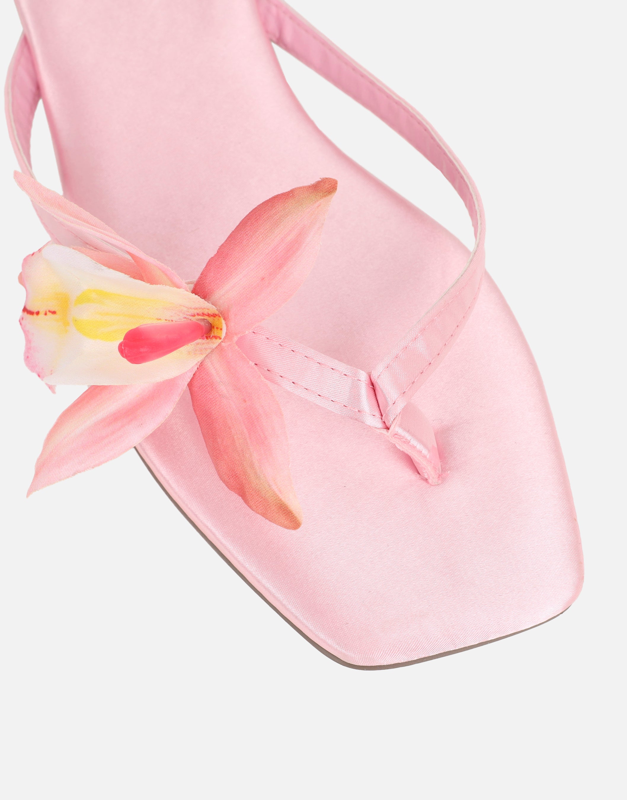 Hannah Pink Satin Flower Detail Flat Sandals | SIMMI London