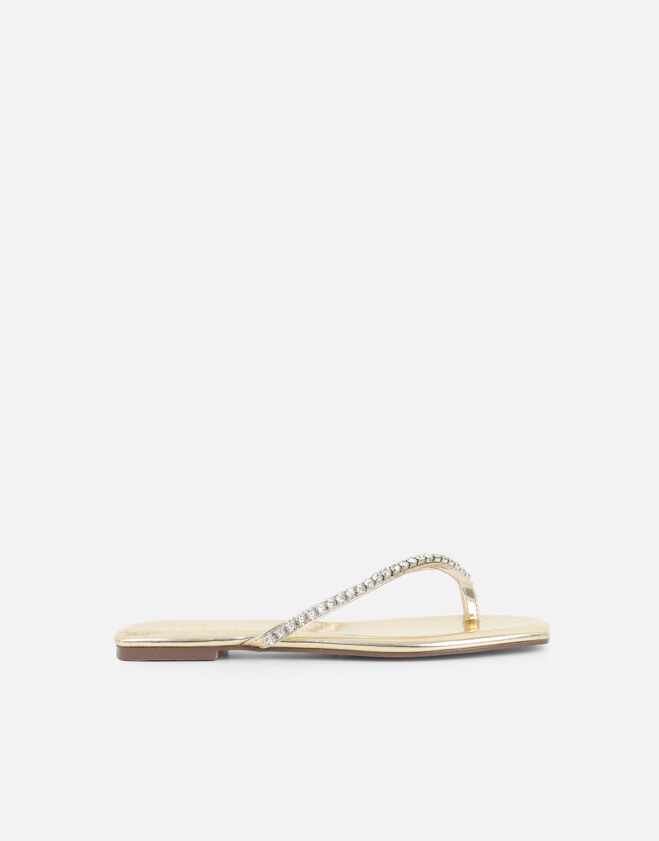 May Gold Mirror Toe Thong Diamante Flat Sandals | SIMMI London