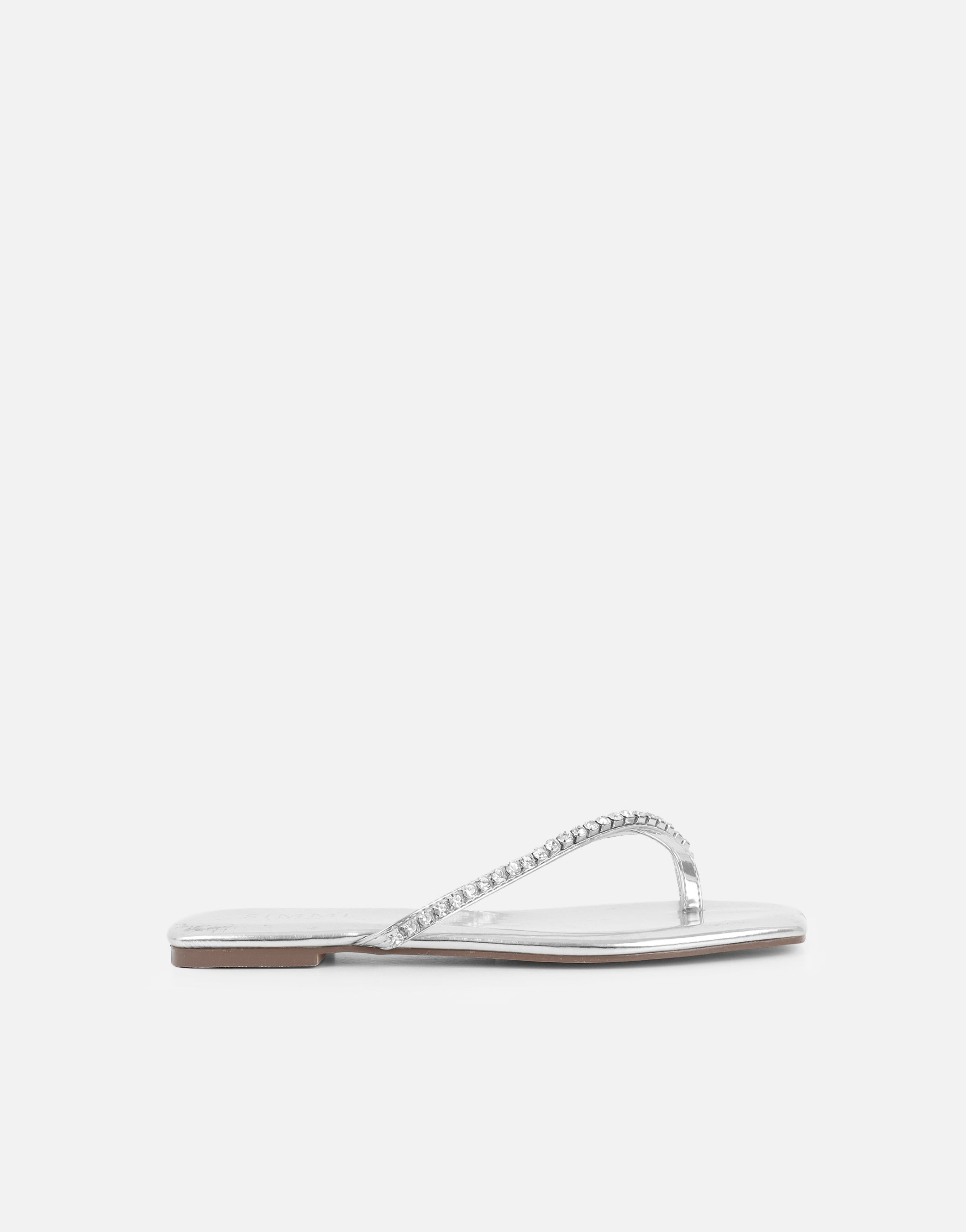 May Silver Mirror Toe Thong Diamante Flat Sandals | SIMMI London