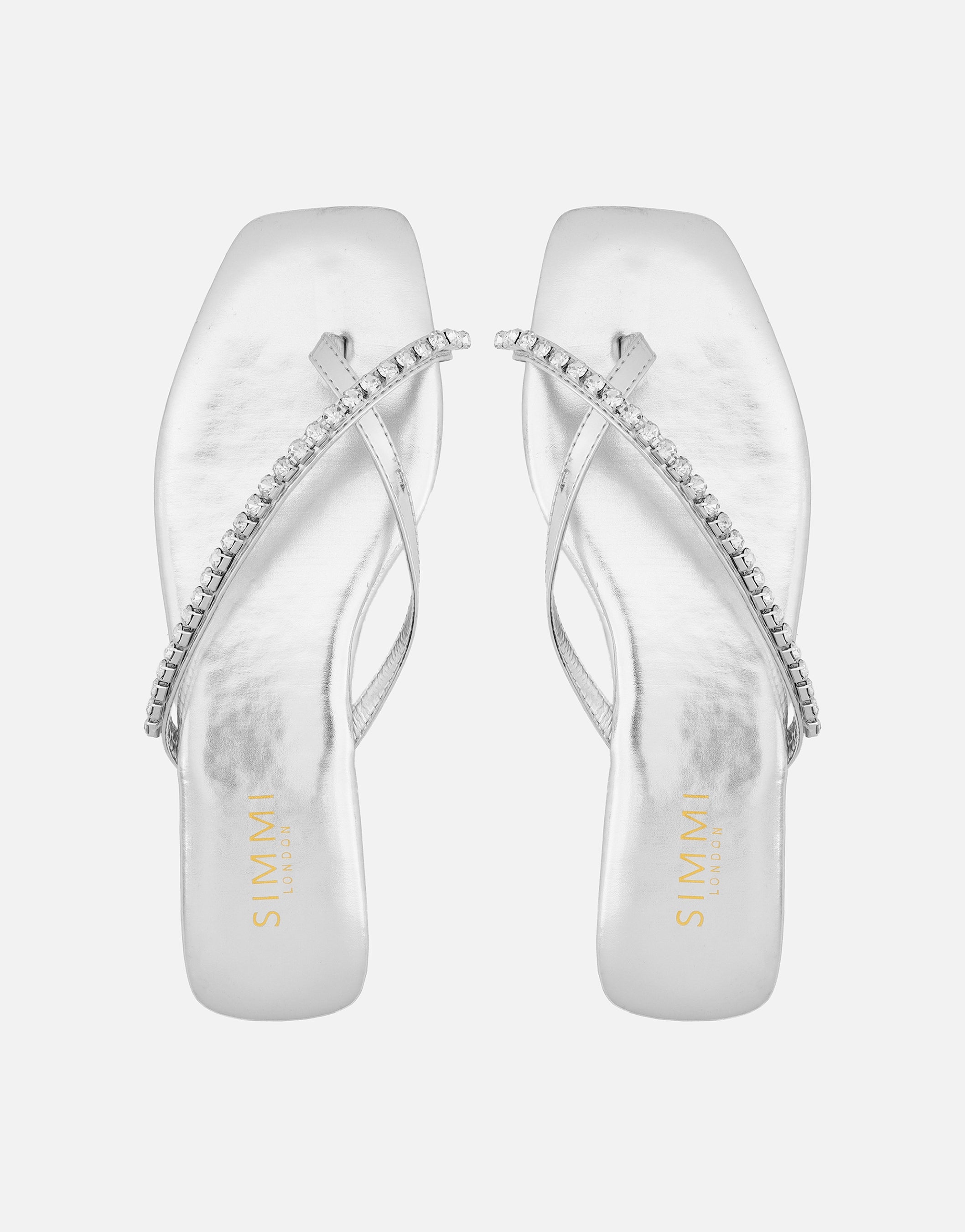 May Silver Mirror Toe Thong Diamante Flat Sandals | SIMMI London