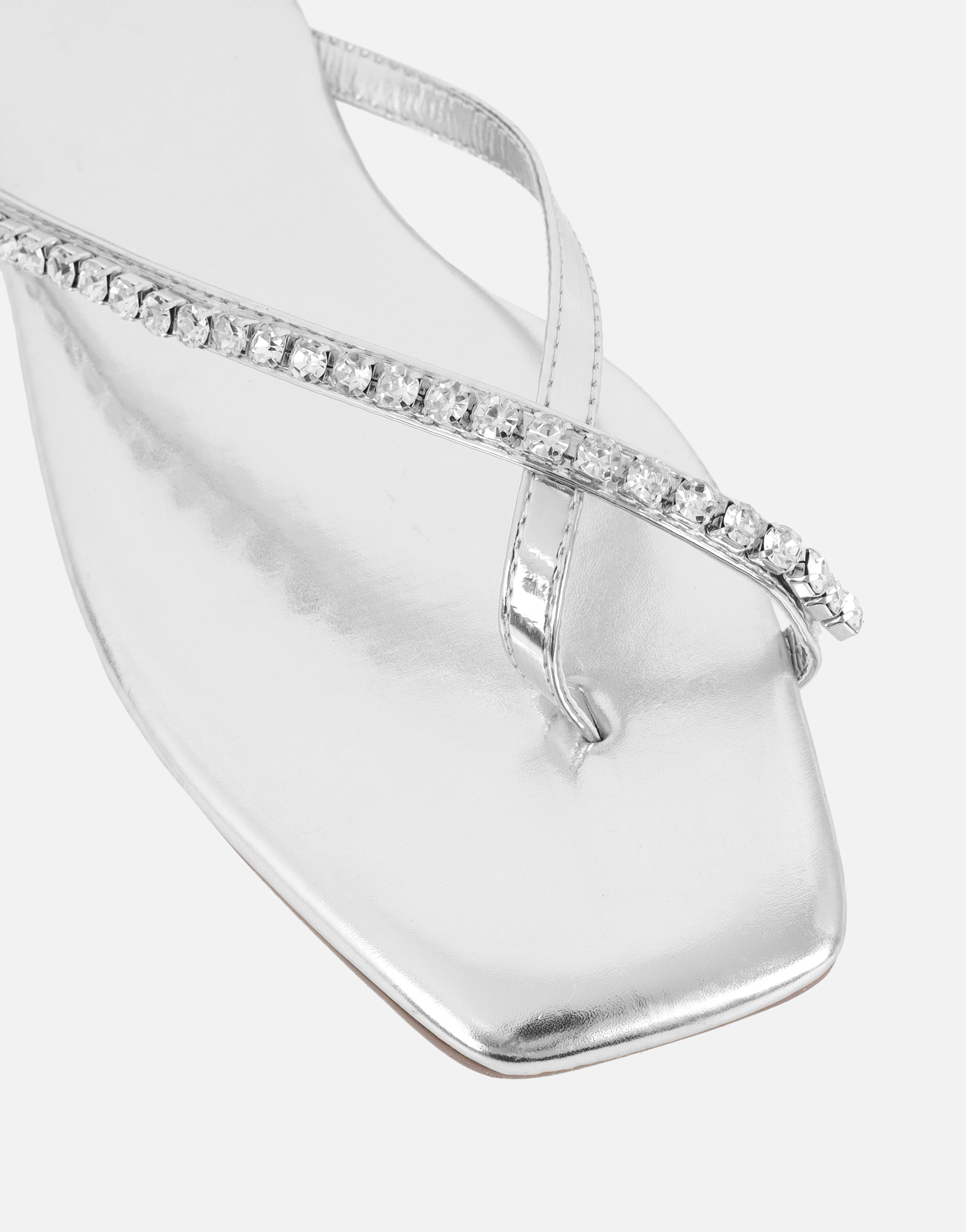 May Silver Mirror Toe Thong Diamante Flat Sandals | SIMMI London
