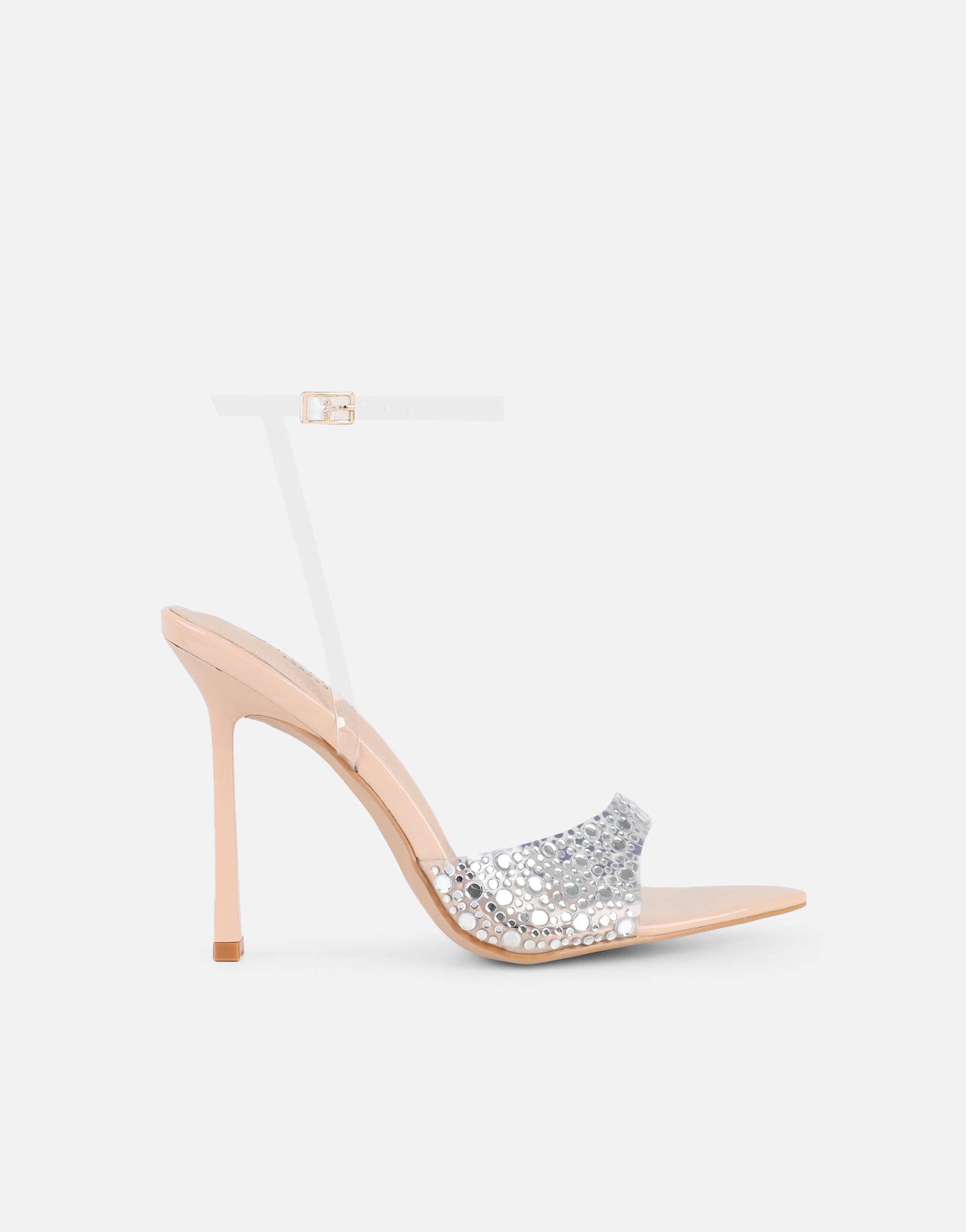 Lopezz Nude Patent Clear Embellished Heeled Sandals | SIMMI London