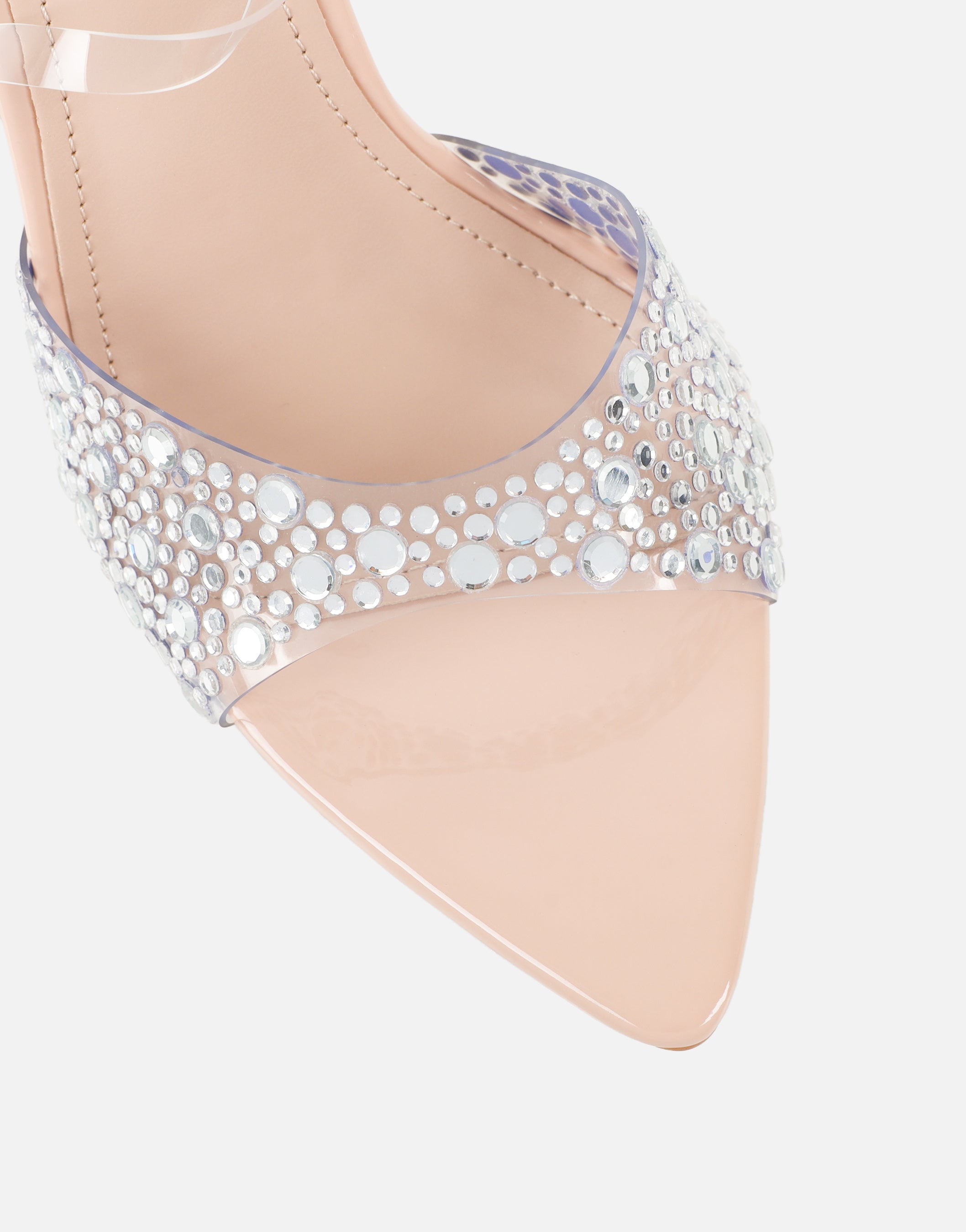 Lopezz Nude Patent Clear Embellished Heeled Sandals | SIMMI London