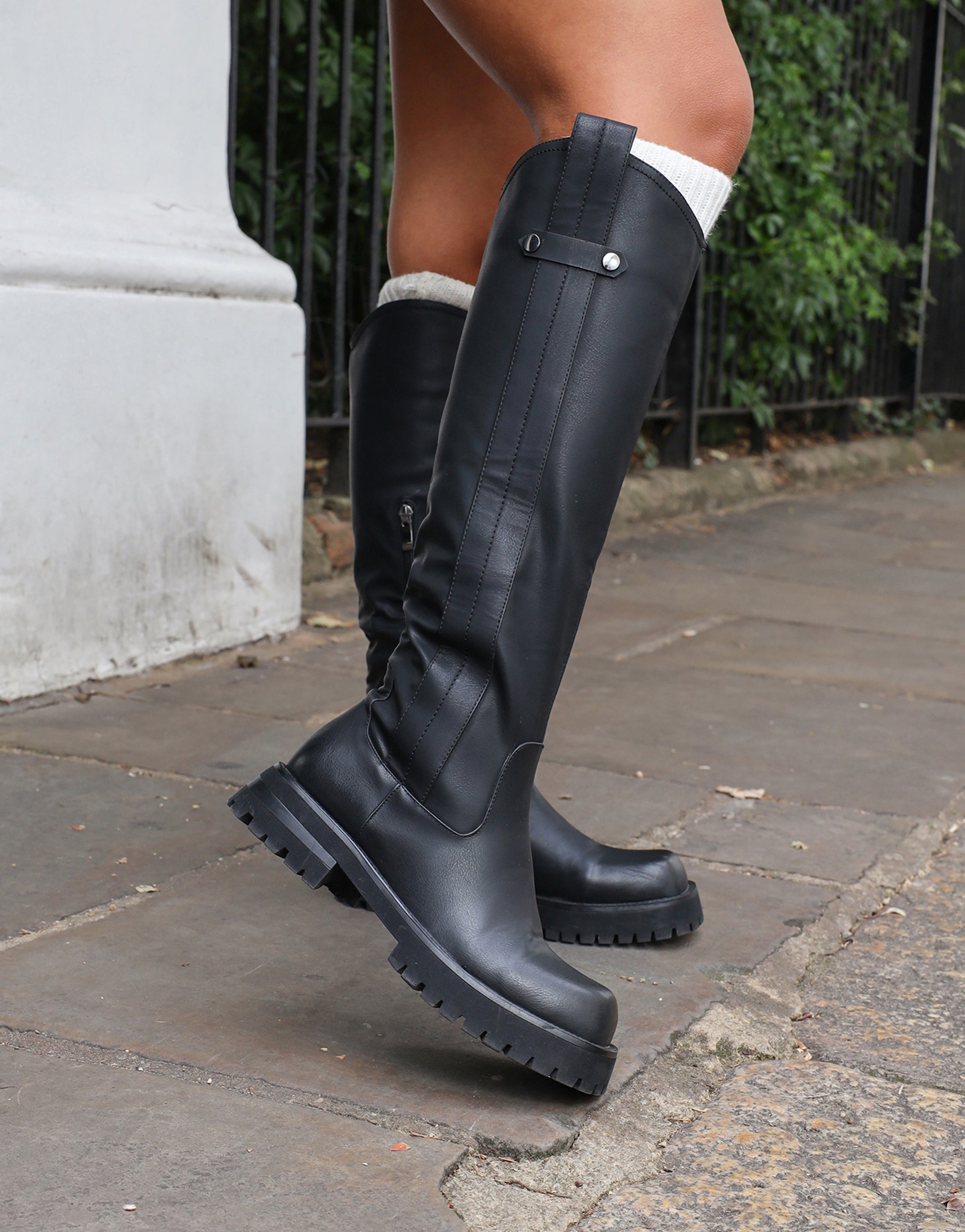 Miles Black Knee High Tab Detail Boots | SIMMI London