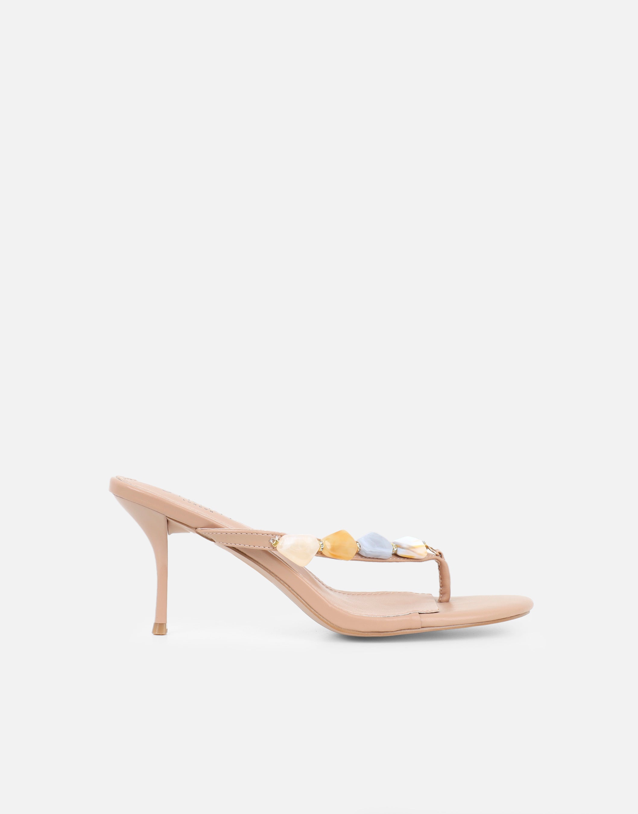 Carla Beige Embellished Toe Thong Mules | SIMMI London