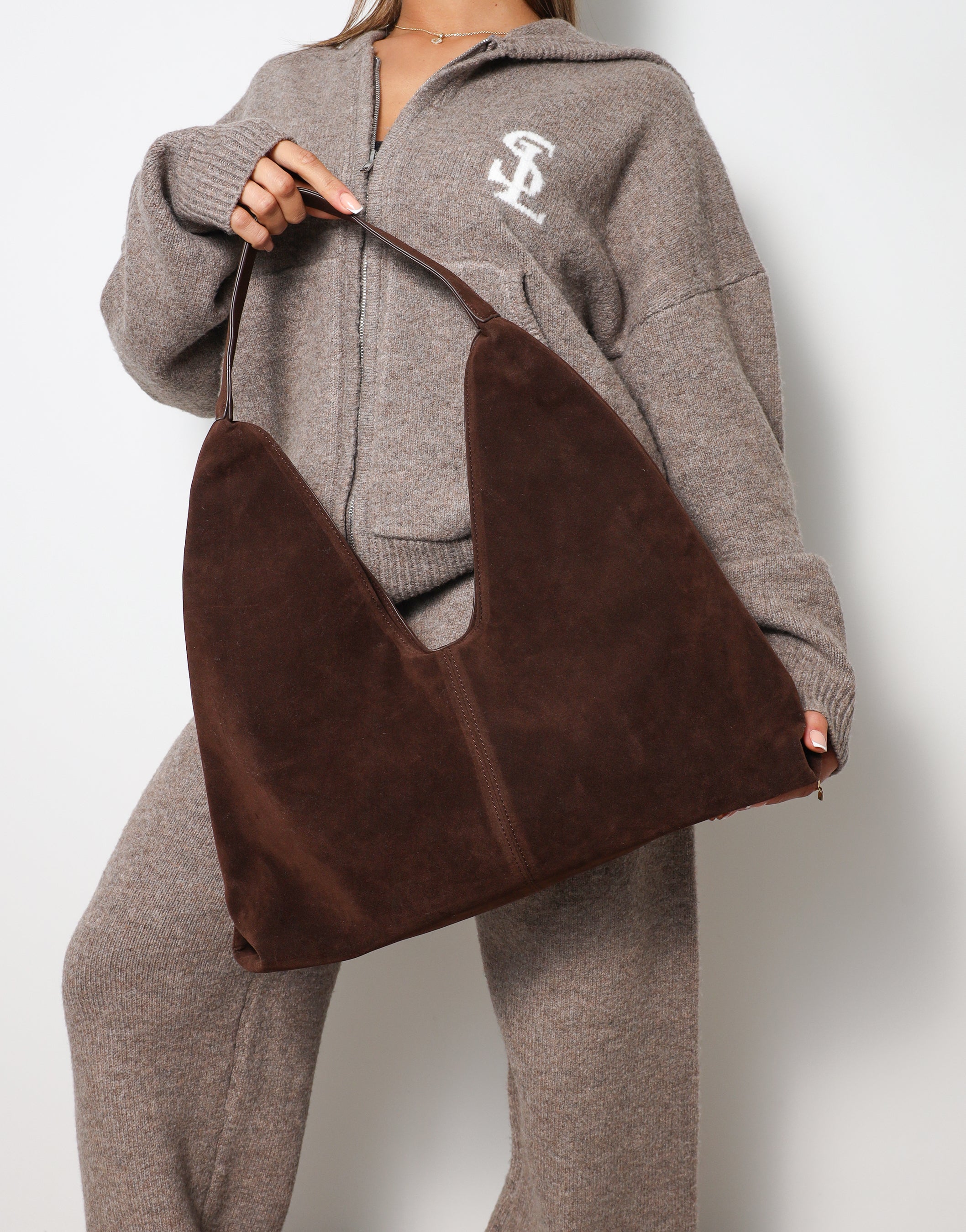 Isla Large Brown Faux Suede Shoulder Bag | SIMMI London