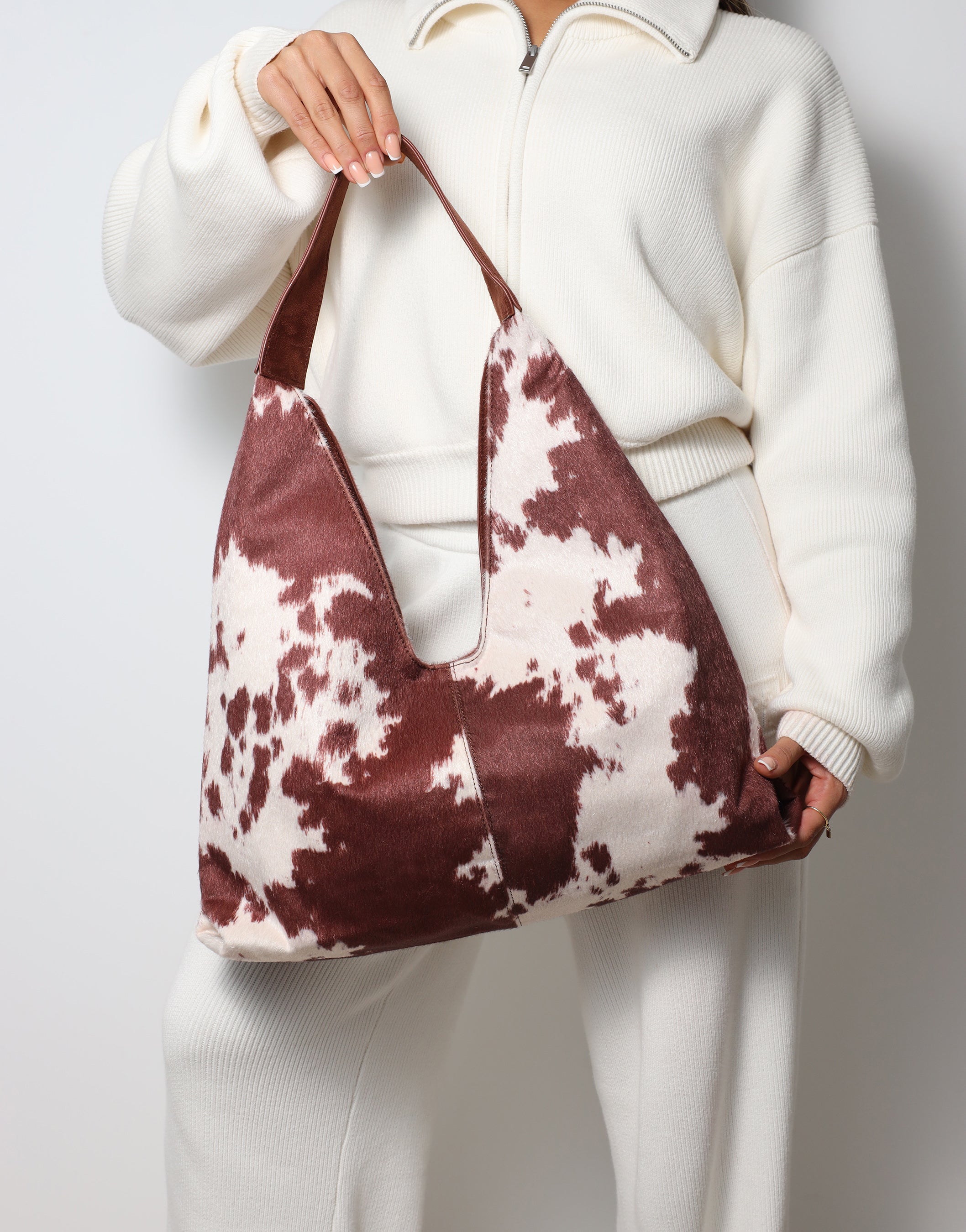 Isla Large Cow Print Suede Shoulder Bag | SIMMI London