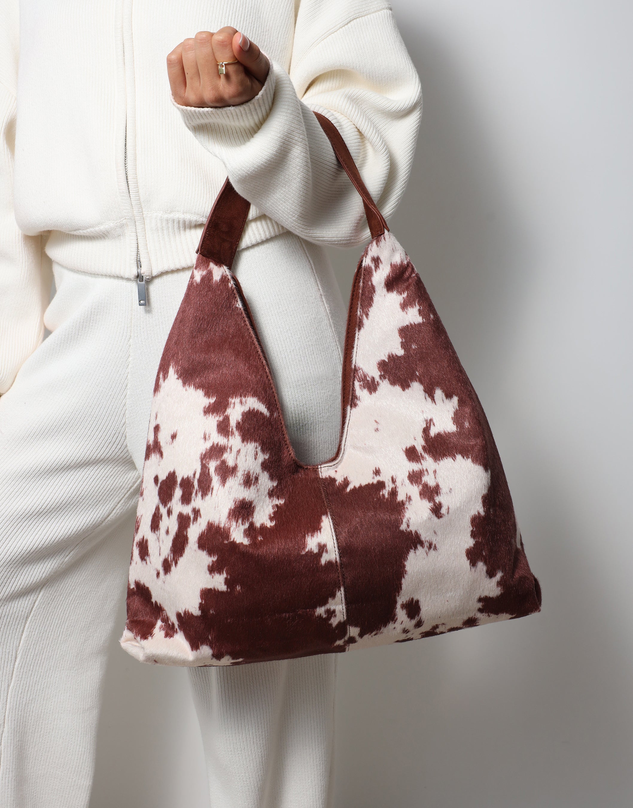 Isla Large Cow Print Suede Shoulder Bag | SIMMI London