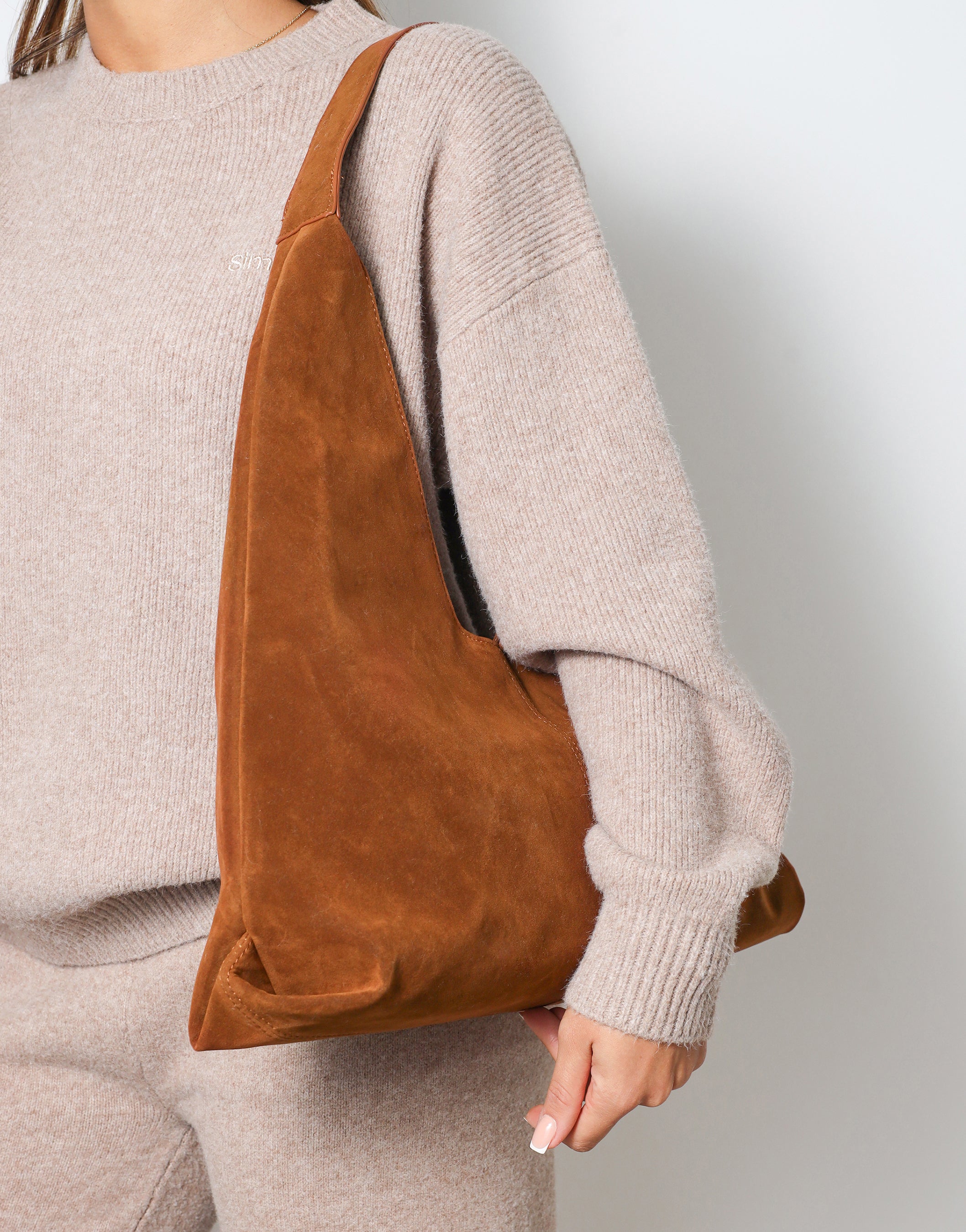 Isla Large Tan Faux Suede Shoulder Bag | SIMMI London