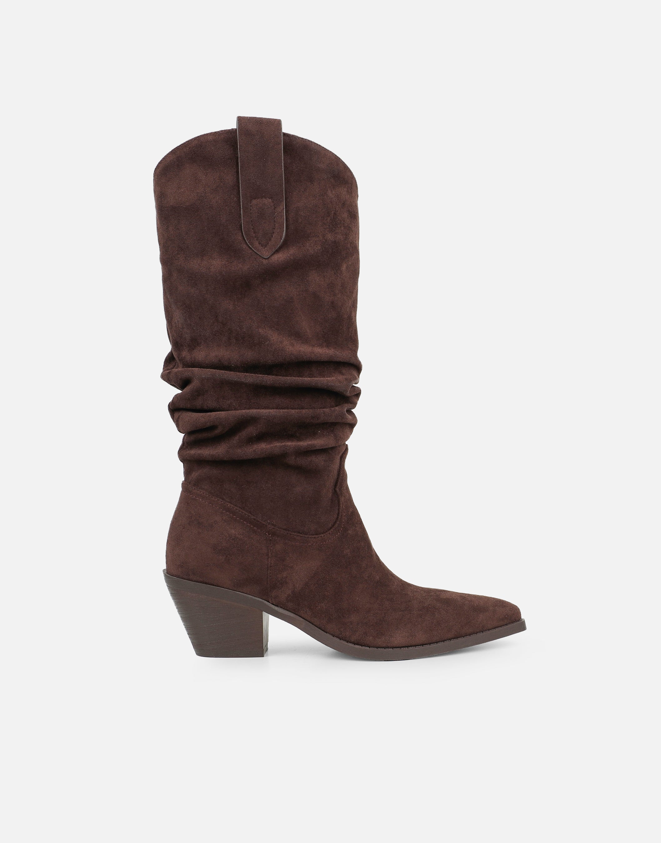 Prairie Brown Suede Ruched Western Boots | SIMMI London
