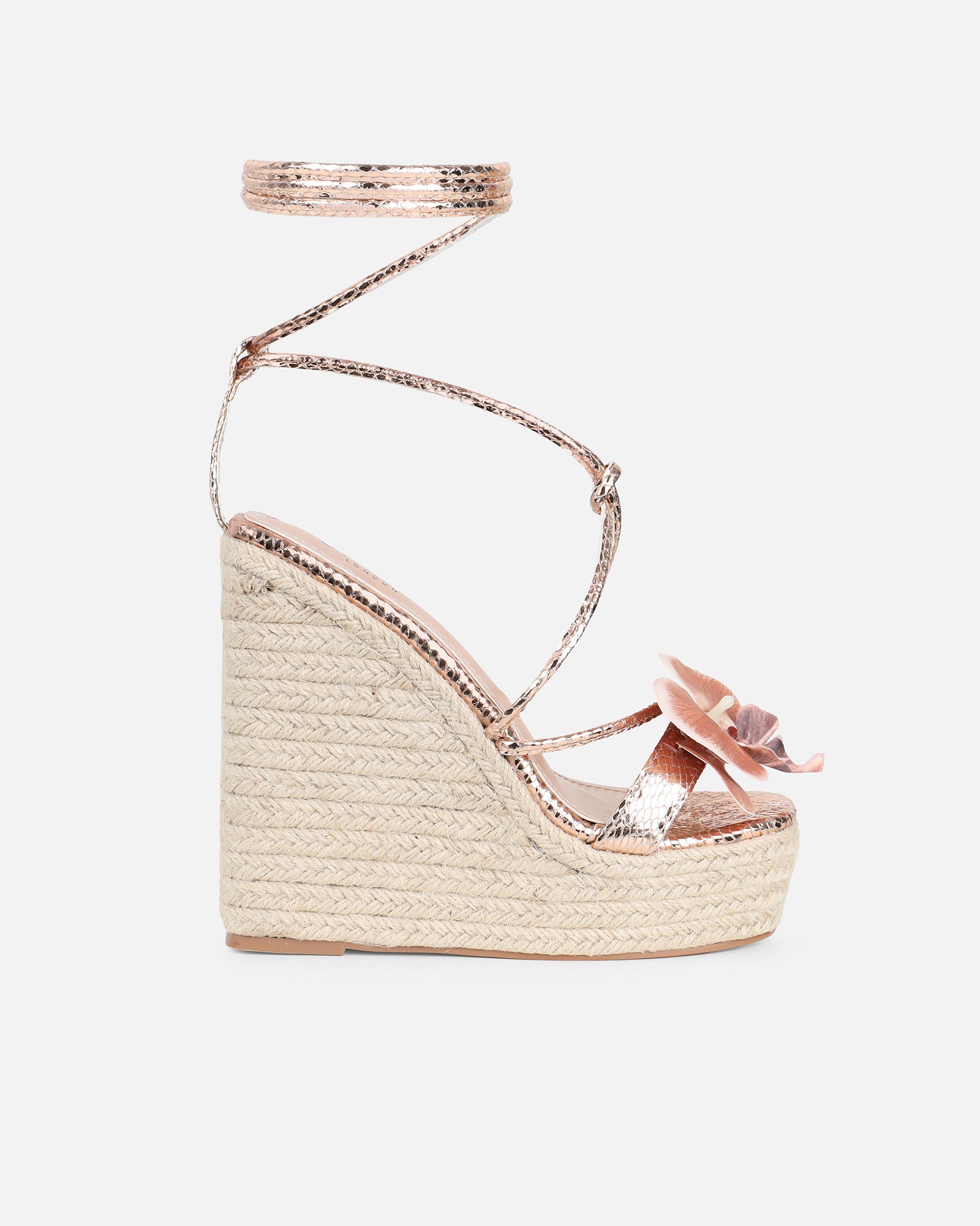 Cancun Rose Gold Snake Flower Detail Wedge Heels | SIMMI London