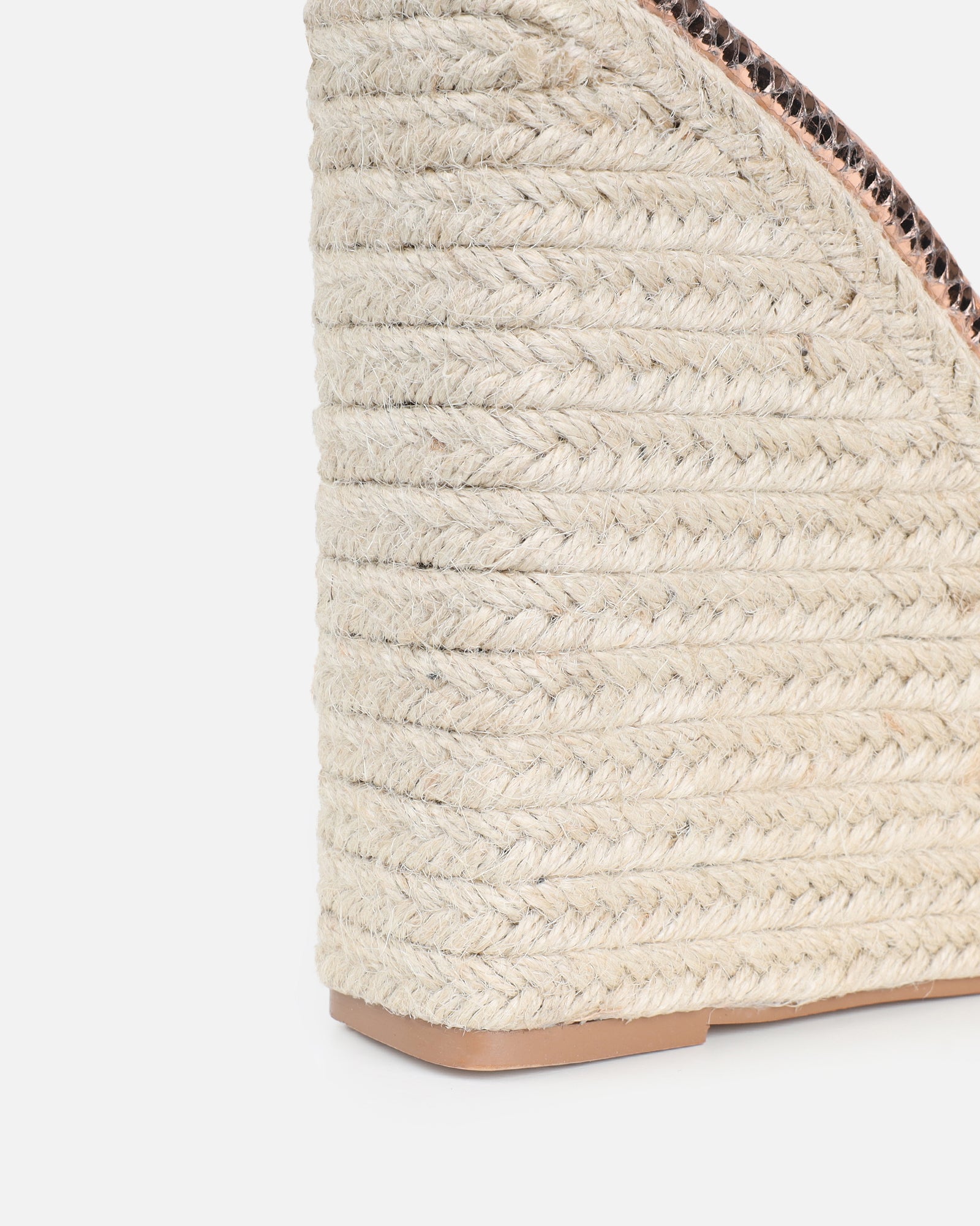 Cancun Rose Gold Snake Flower Detail Wedge Heels | SIMMI London