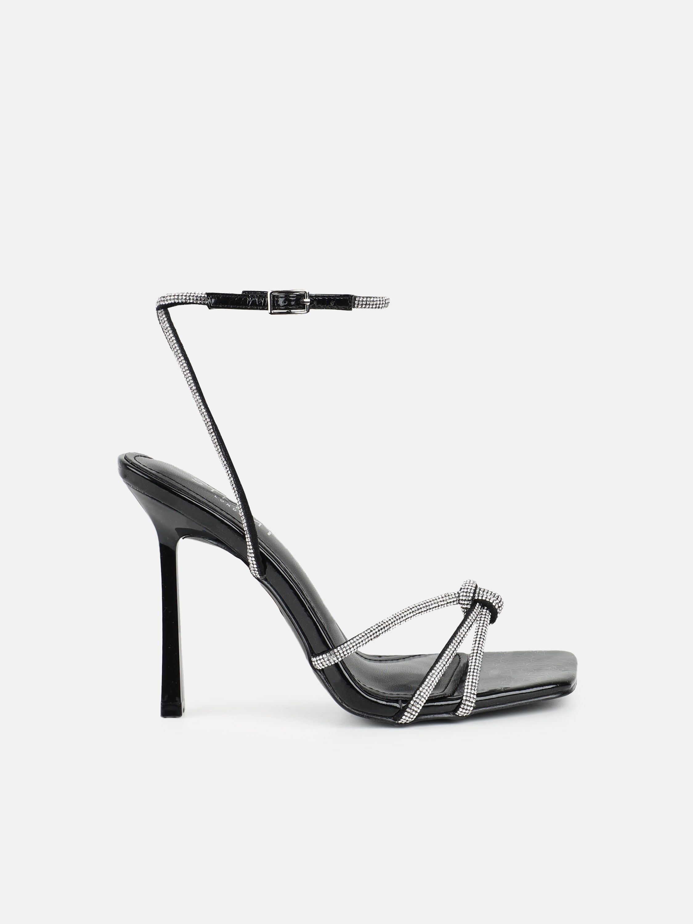 Janeet Black Diamante Knot Heeled Sandals | SIMMI London