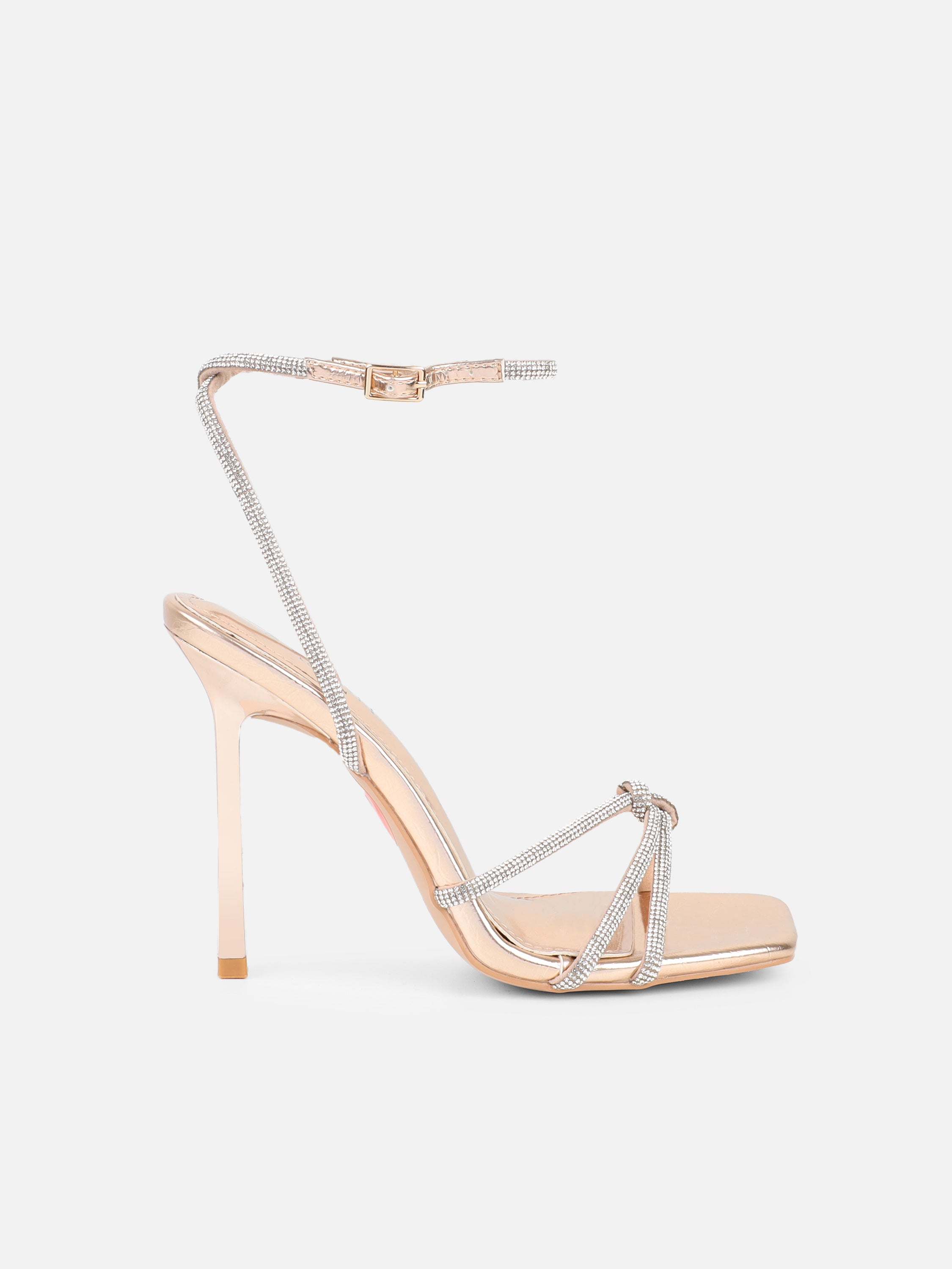 Janeet Rose Gold Metallic Diamante Knot Heeled Sandals | SIMMI London