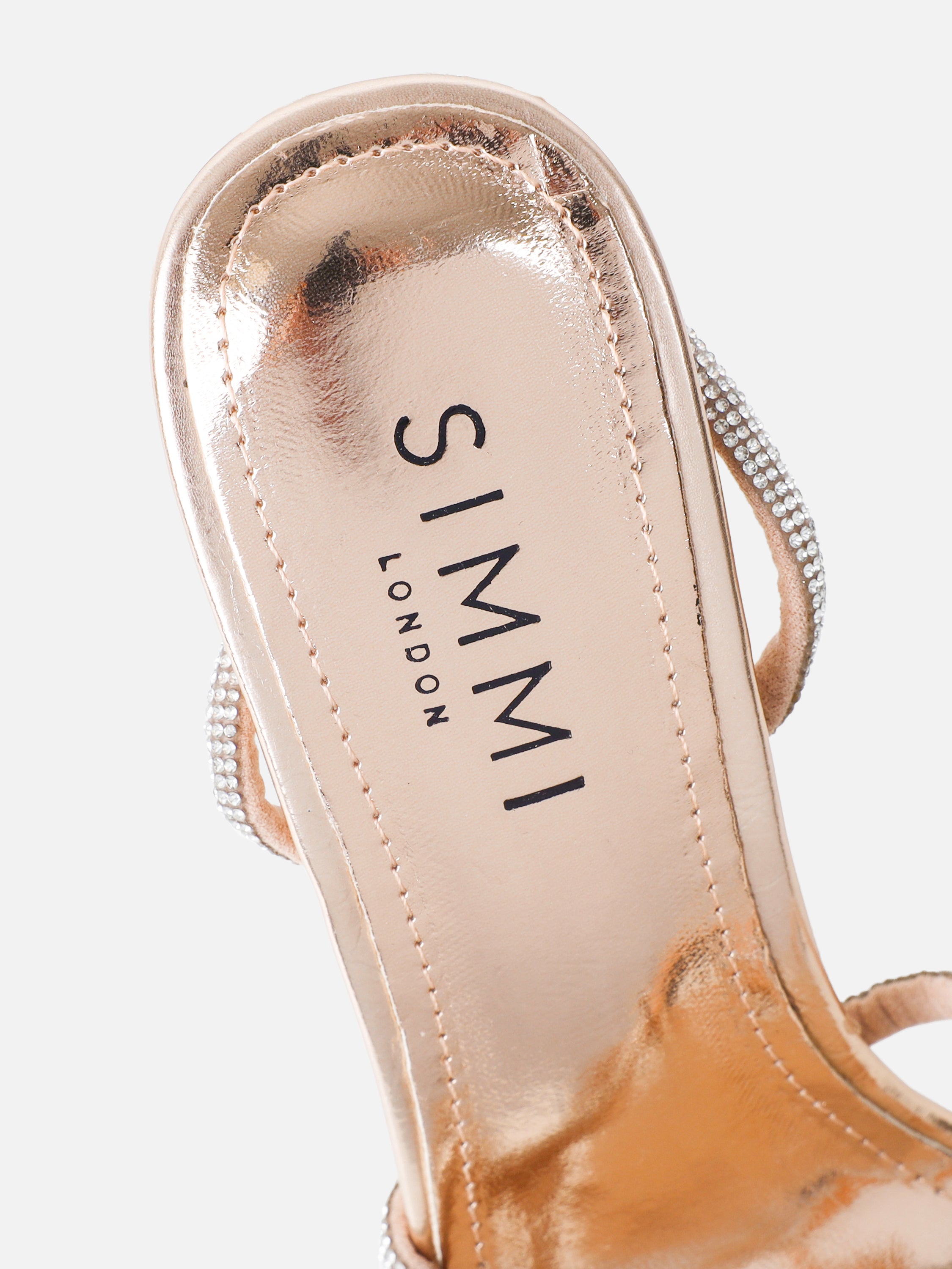 Janeet Rose Gold Metallic Diamante Knot Heeled Sandals | SIMMI London